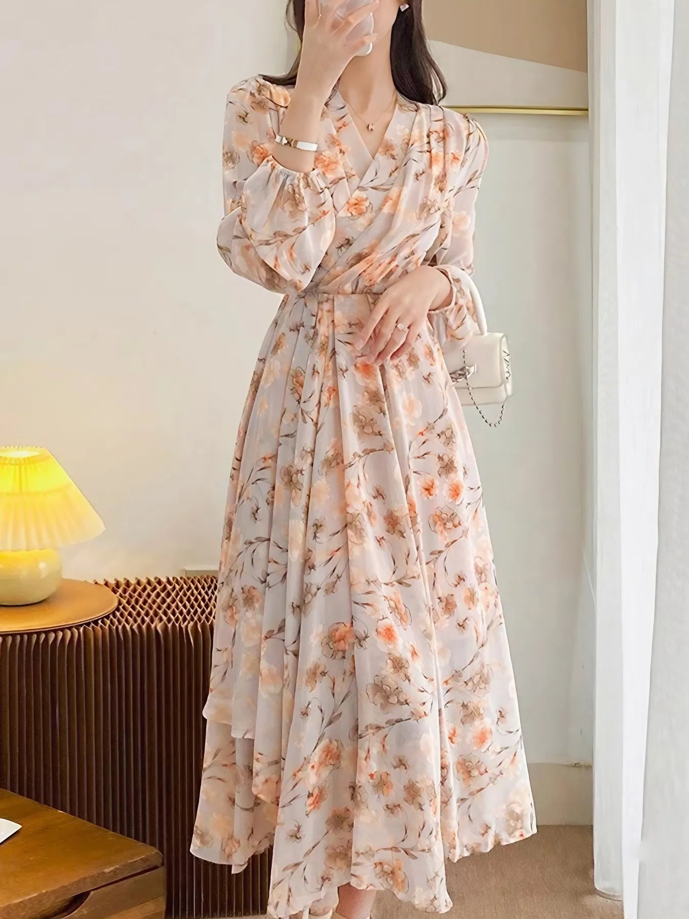orange floral long sleeve midi dress Floral Print Long Sleeve Midi Dress Apricot / M