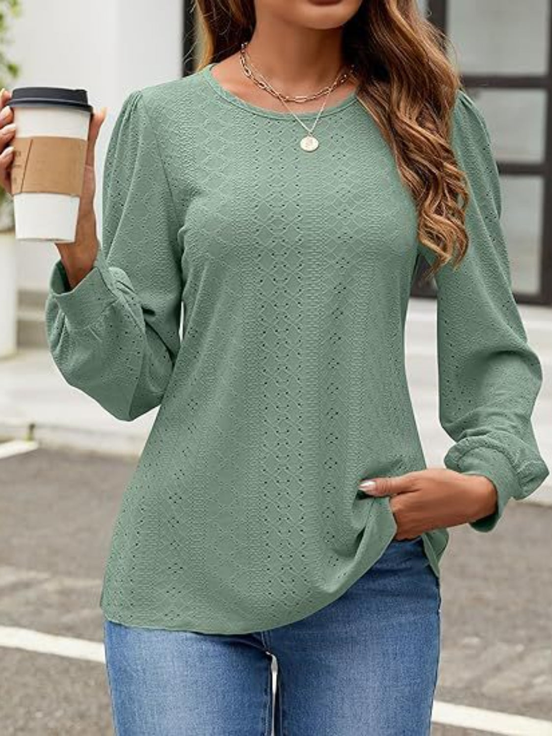 Eyelet Round Neck Long Sleeve Top - Charming Charlie