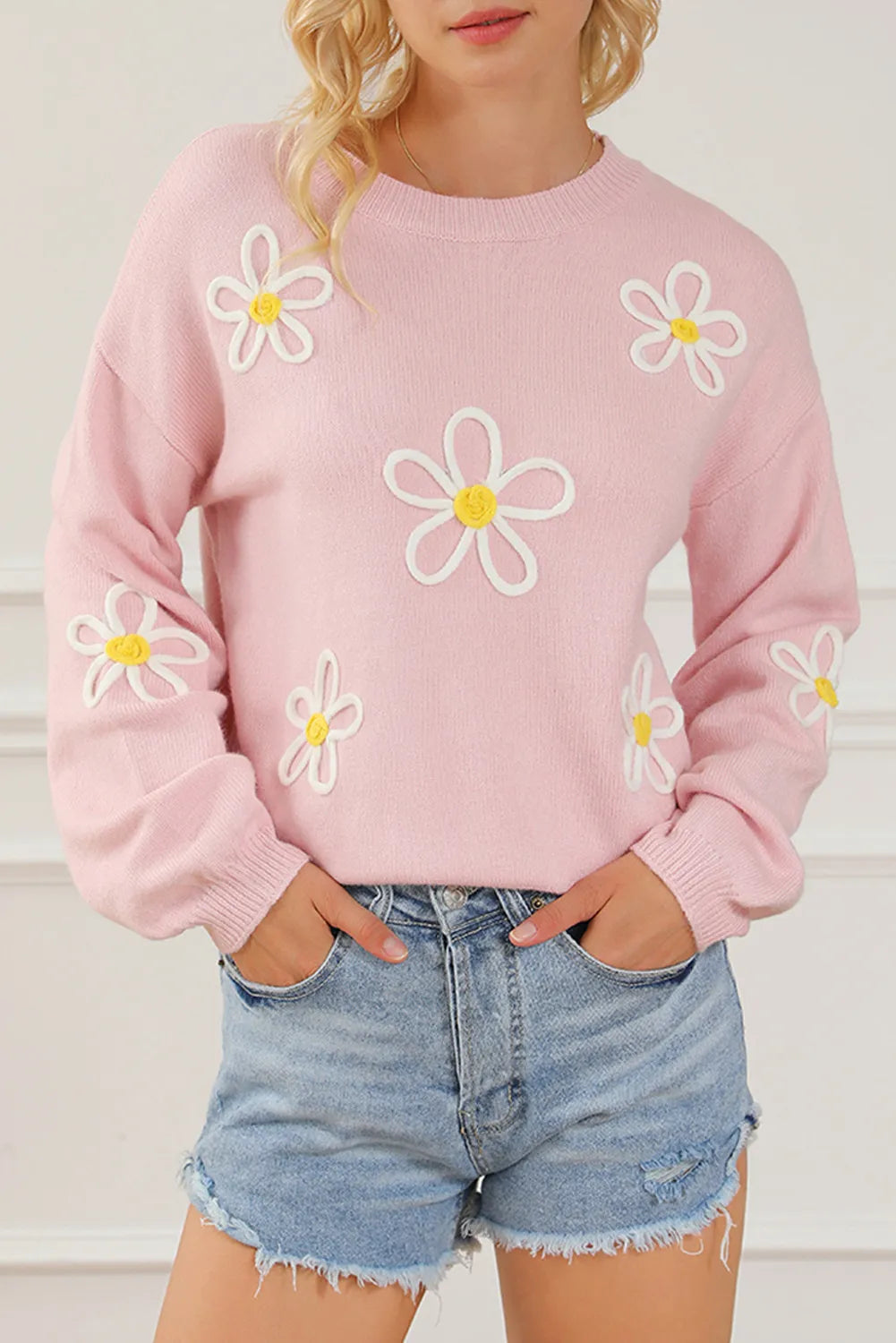 Flower Round Neck Dropped Shoulder Sweater - Charming Charlie