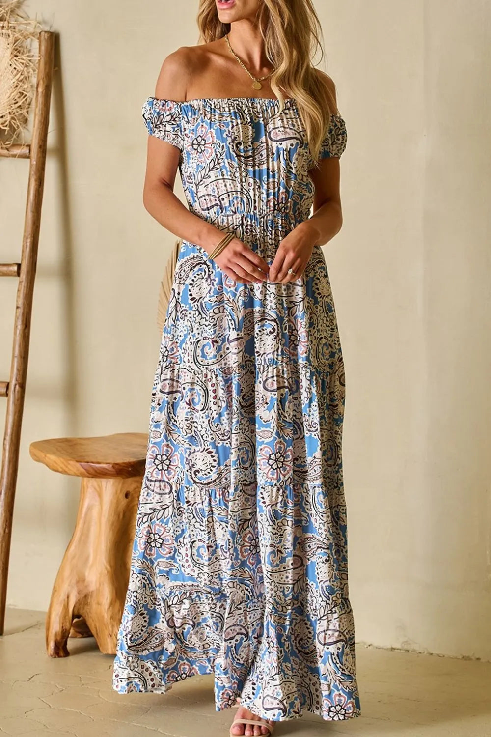 Boho Paisley Print Off Shoulder Maxi Dress Dusty Blue / S Boho Paisley Print Off Shoulder Maxi Dress Dusty Blue / S
