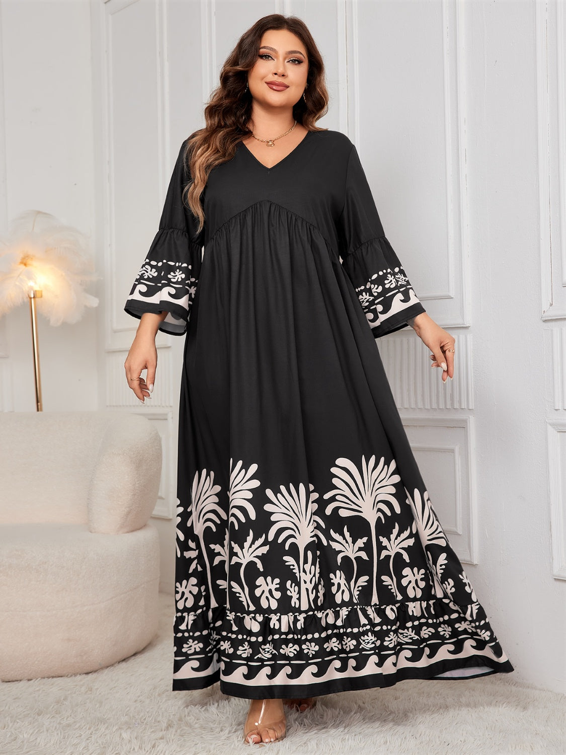 Plus Size Printed V-Neck Long Sleeve Maxi Dress Black / 1XL