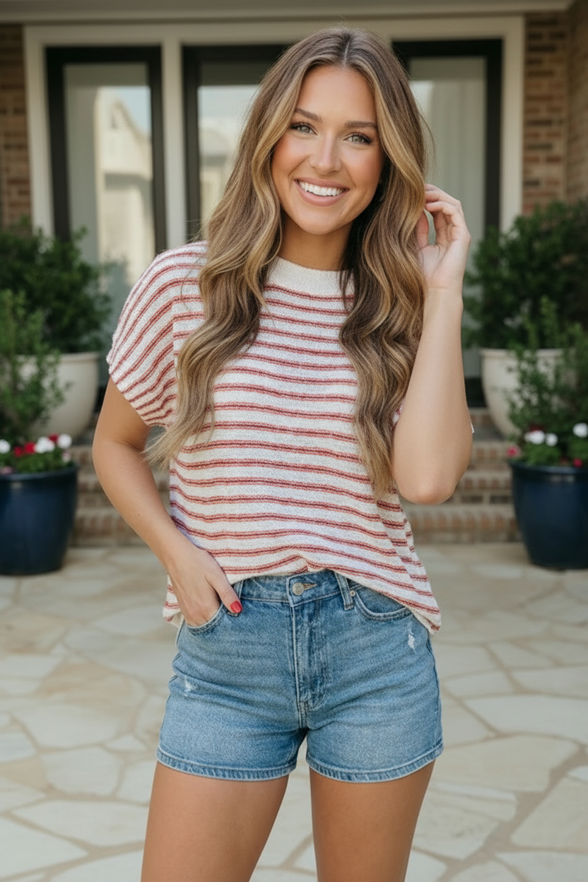 Breezy Stripe Knit Top in Ivory and Red - Charming Charlie