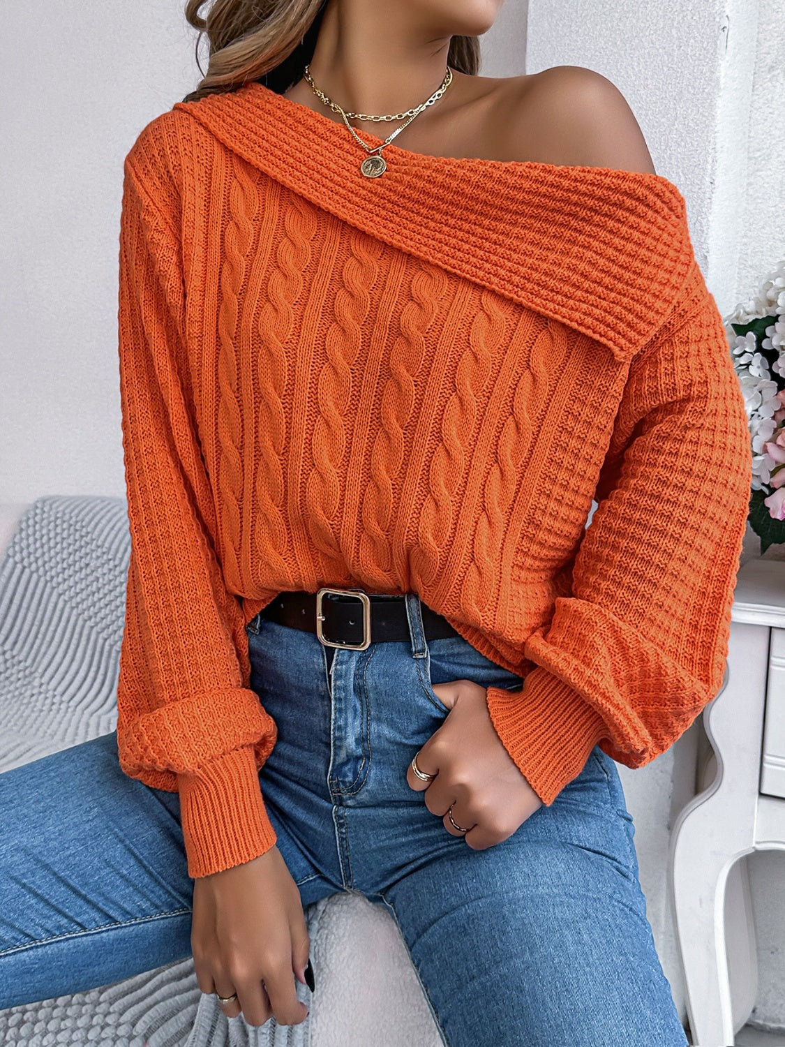 Cable-Knit One Shoulder Long Sleeve Sweater – Charming Charlie