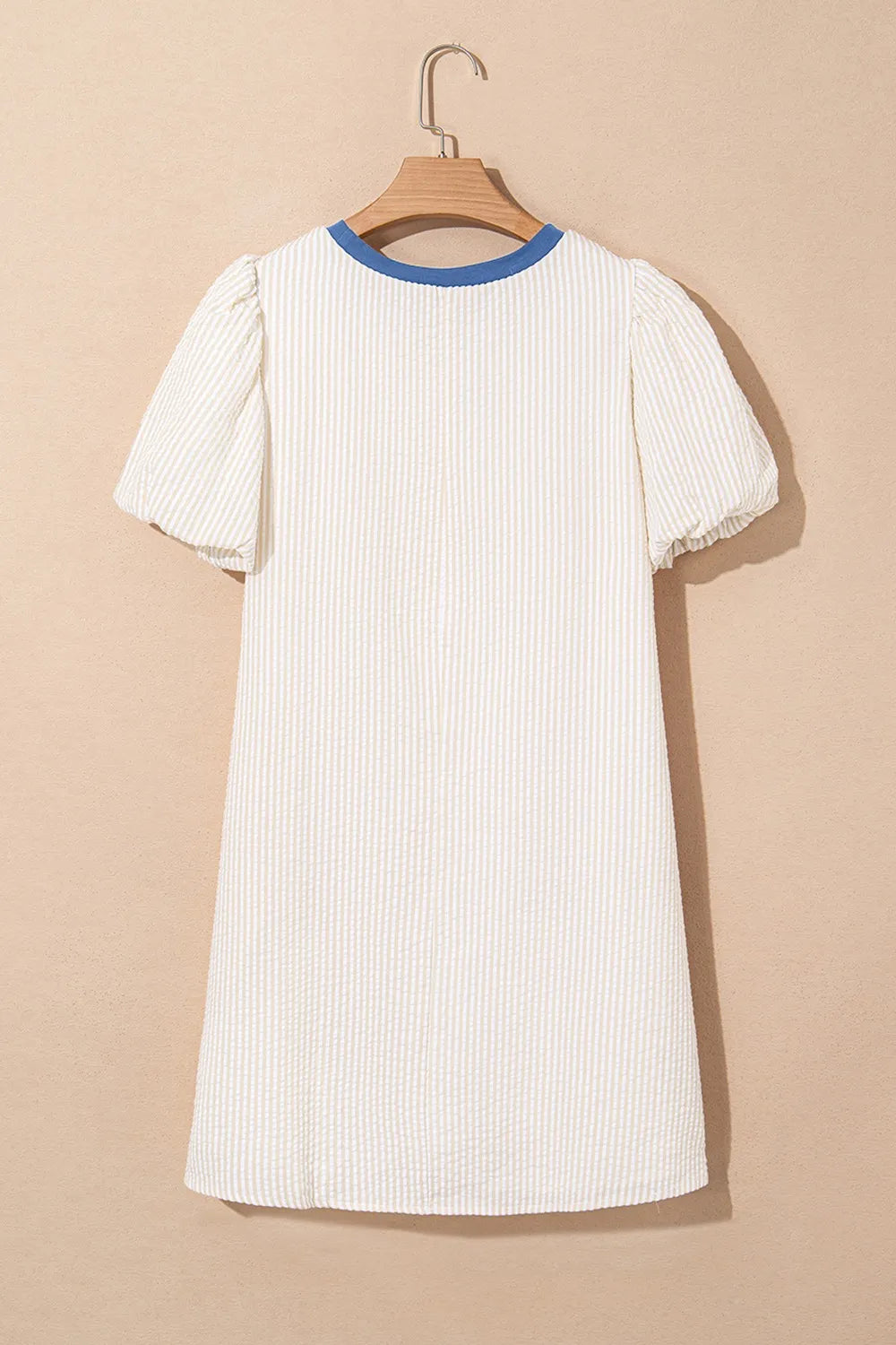 Stripe Seersucker Contrast Round Neck Puff Sleeve T Shirt Dress Cream / XL