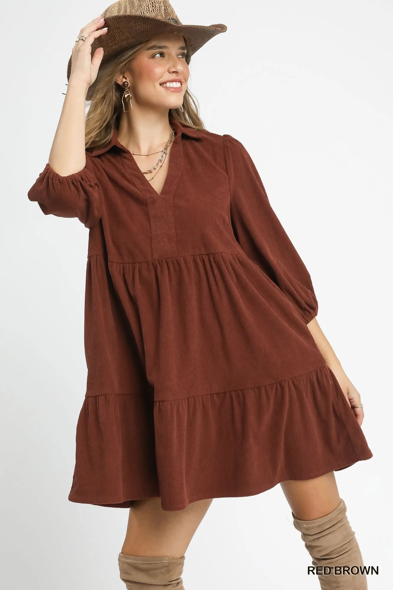 red corduroy mini dress Umgee Tiered Corduroy Mini Dress with Balloon Sleeves – Charming Charlie