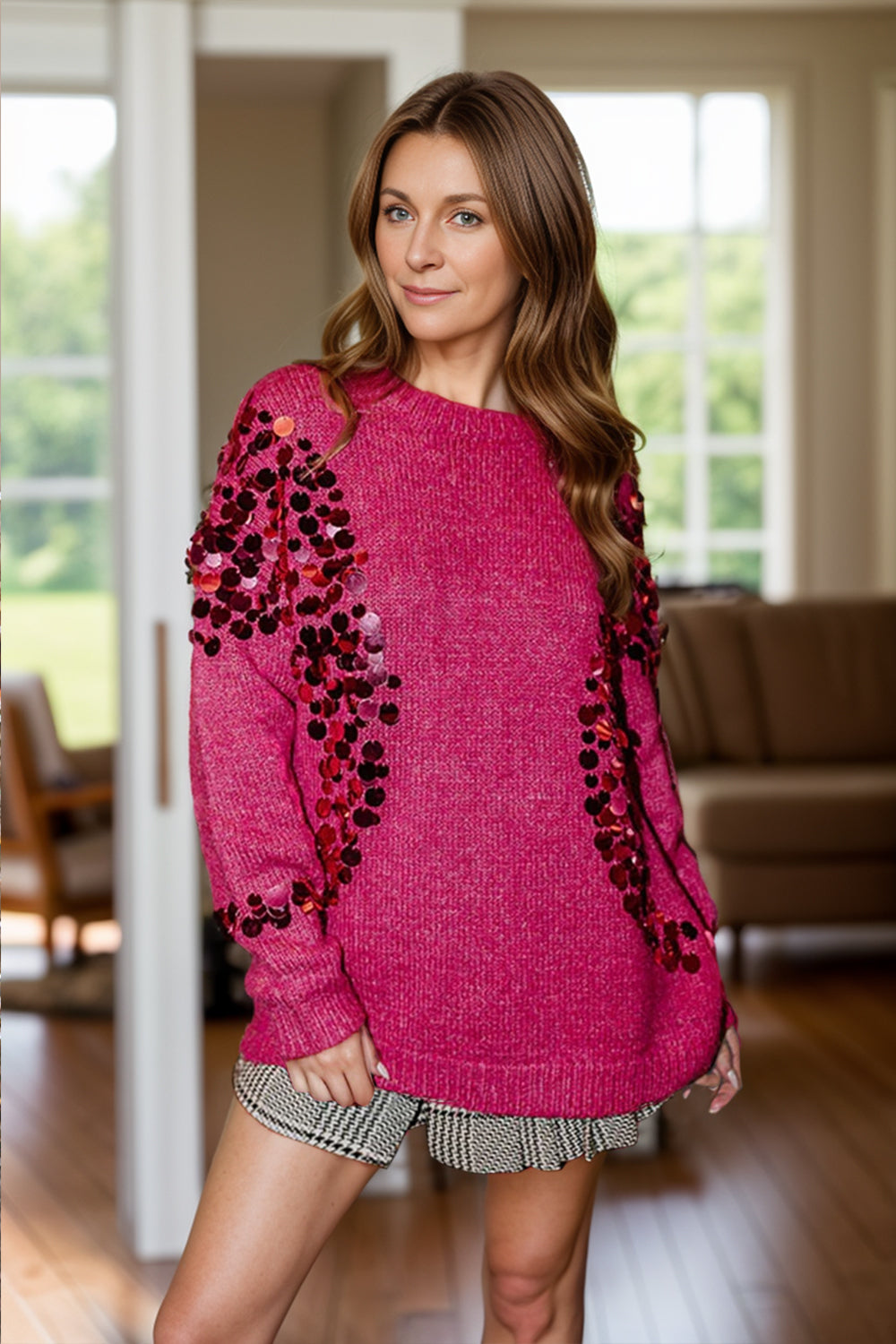 Sequin Round Neck Long Sleeve Sweater - Charming Charlie