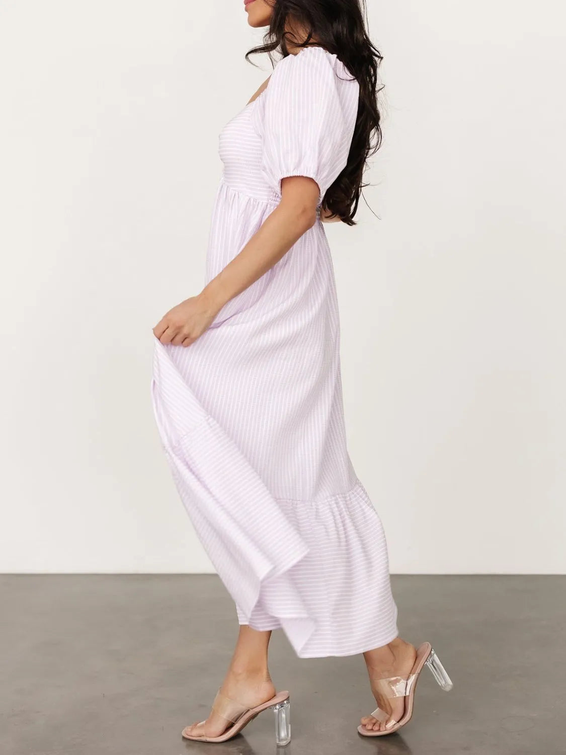 high neck puff sleeve midi dress Striped Sweetheart Neck Puff Sleeve Midi Dress Light Blue / XL