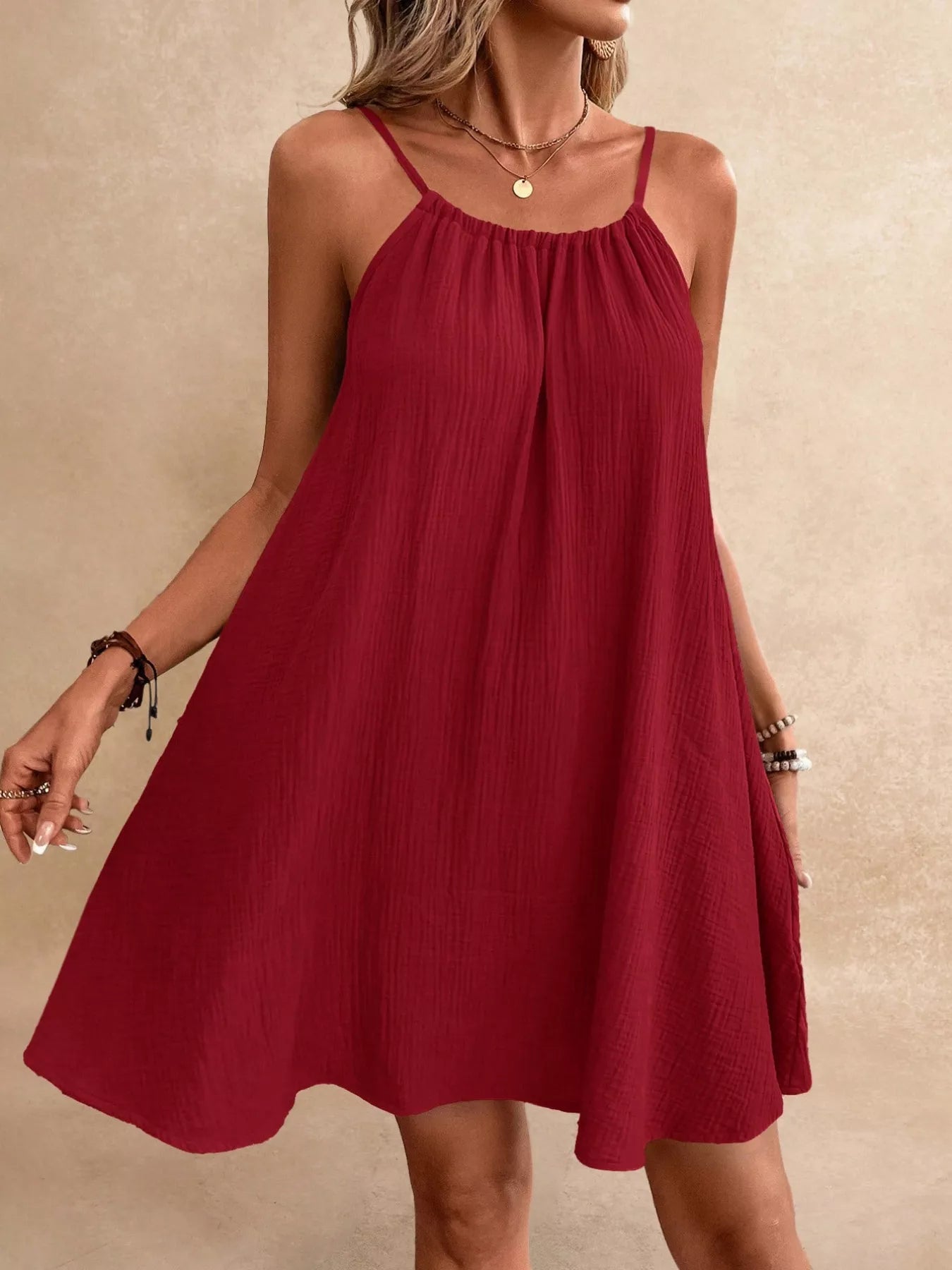 Casual Loose Spaghetti Strap Mini Dress Scarlet / 2XL
