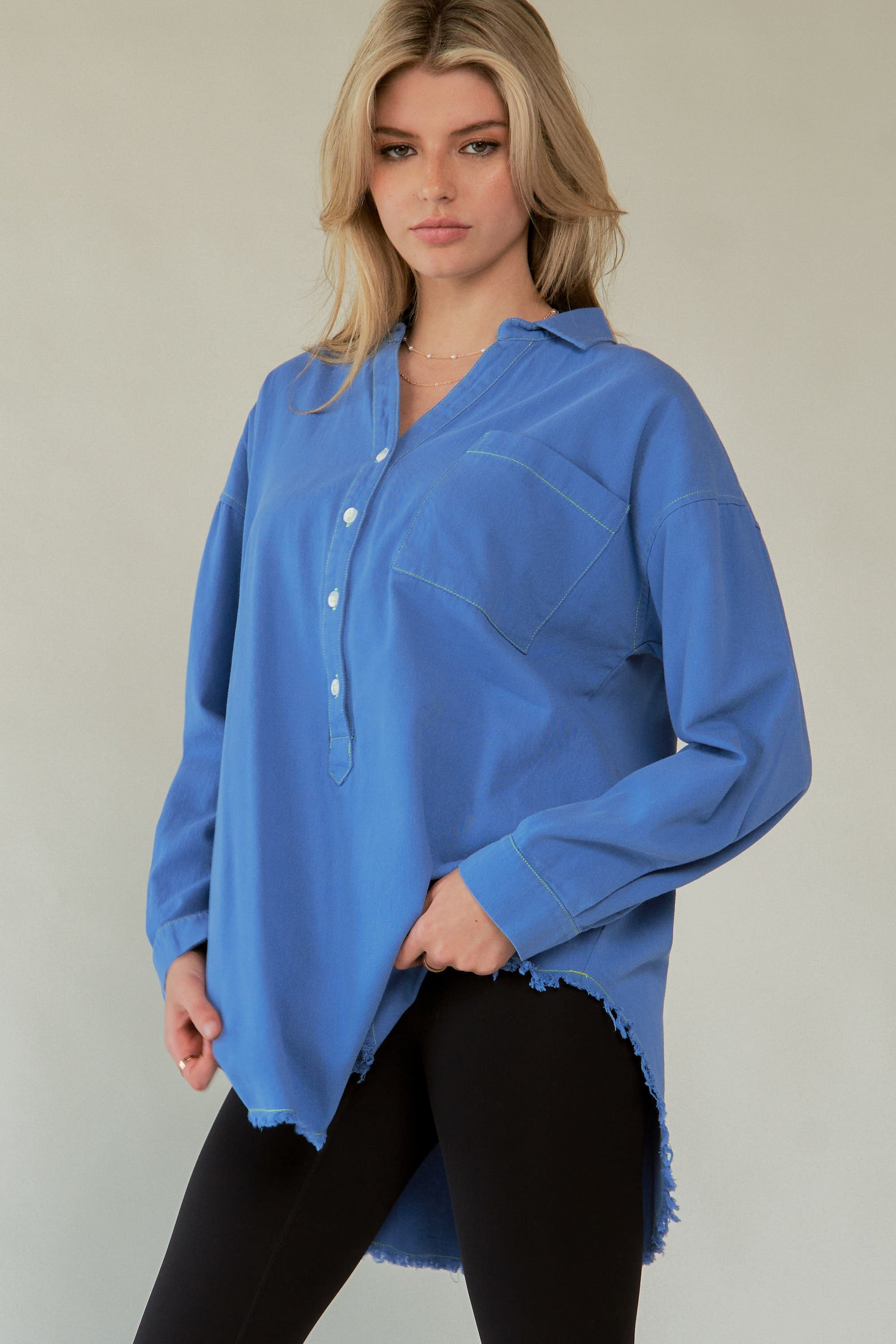 Davi & Dani Letter Back Raw Hem Half Button Shirt - Charming Charlie