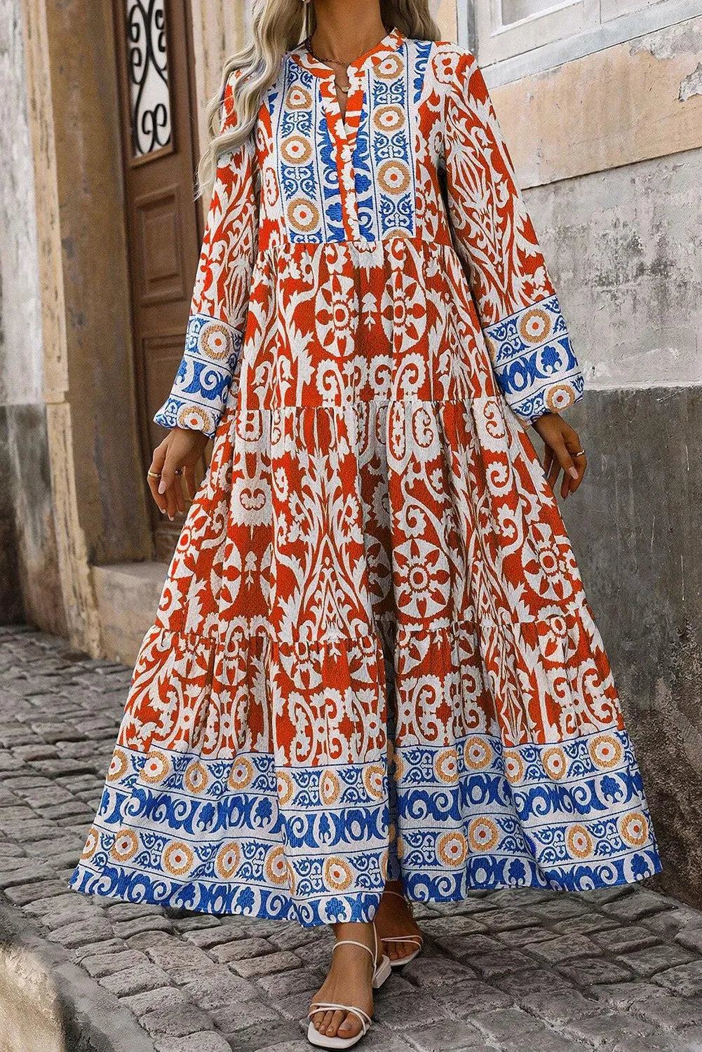 Printed Notched Long Sleeve Maxi Dress - Charming Charlie