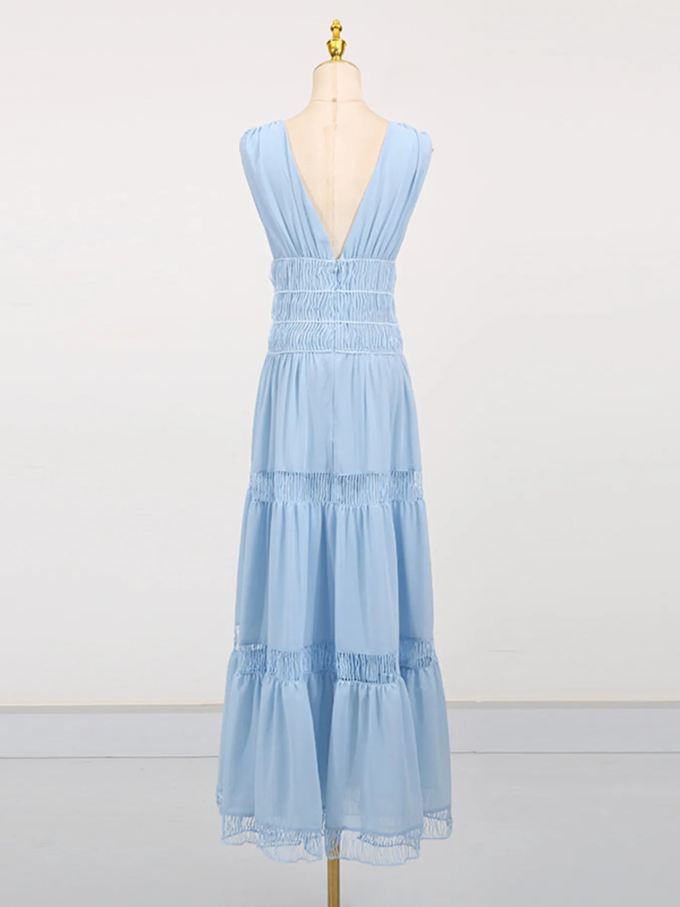 Tiered V-Neck Sleeveless Maxi Dress Blue / L