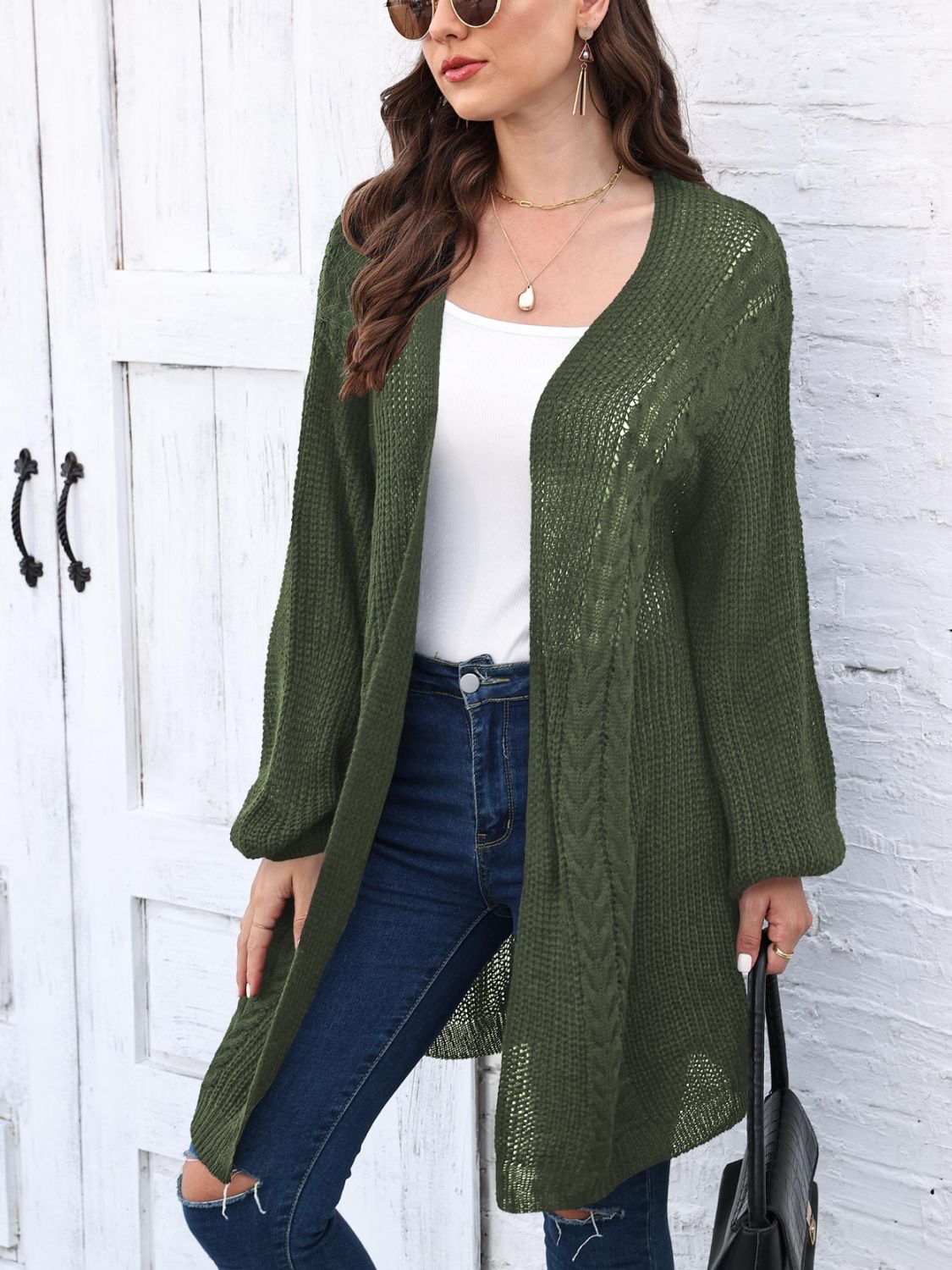Cable-Knit Open Front Long Sleeve Cardigan - Charming Charlie