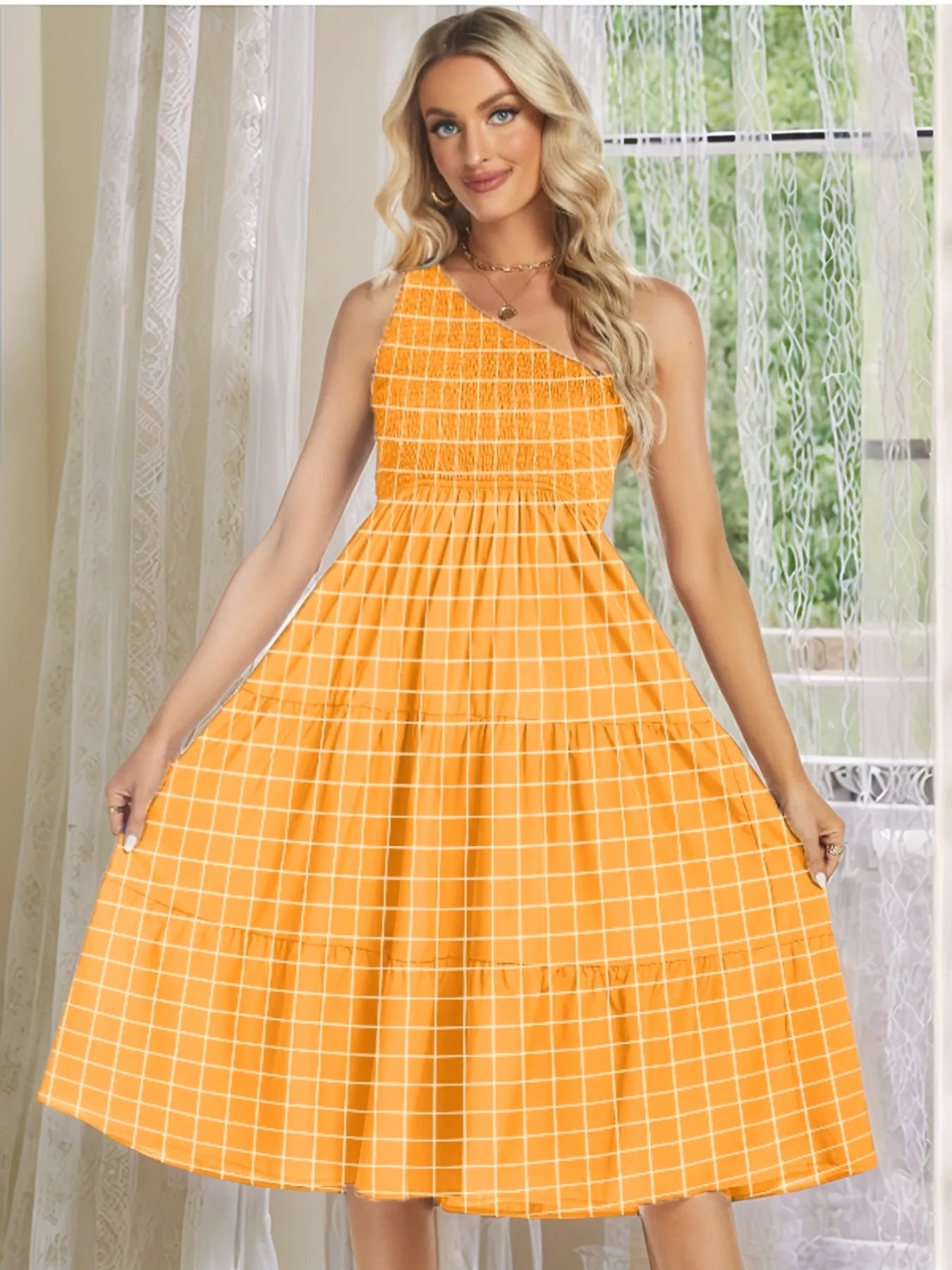 One-Shoulder Tiered Midi Dress with Smocked Bodice – Charming Charlie