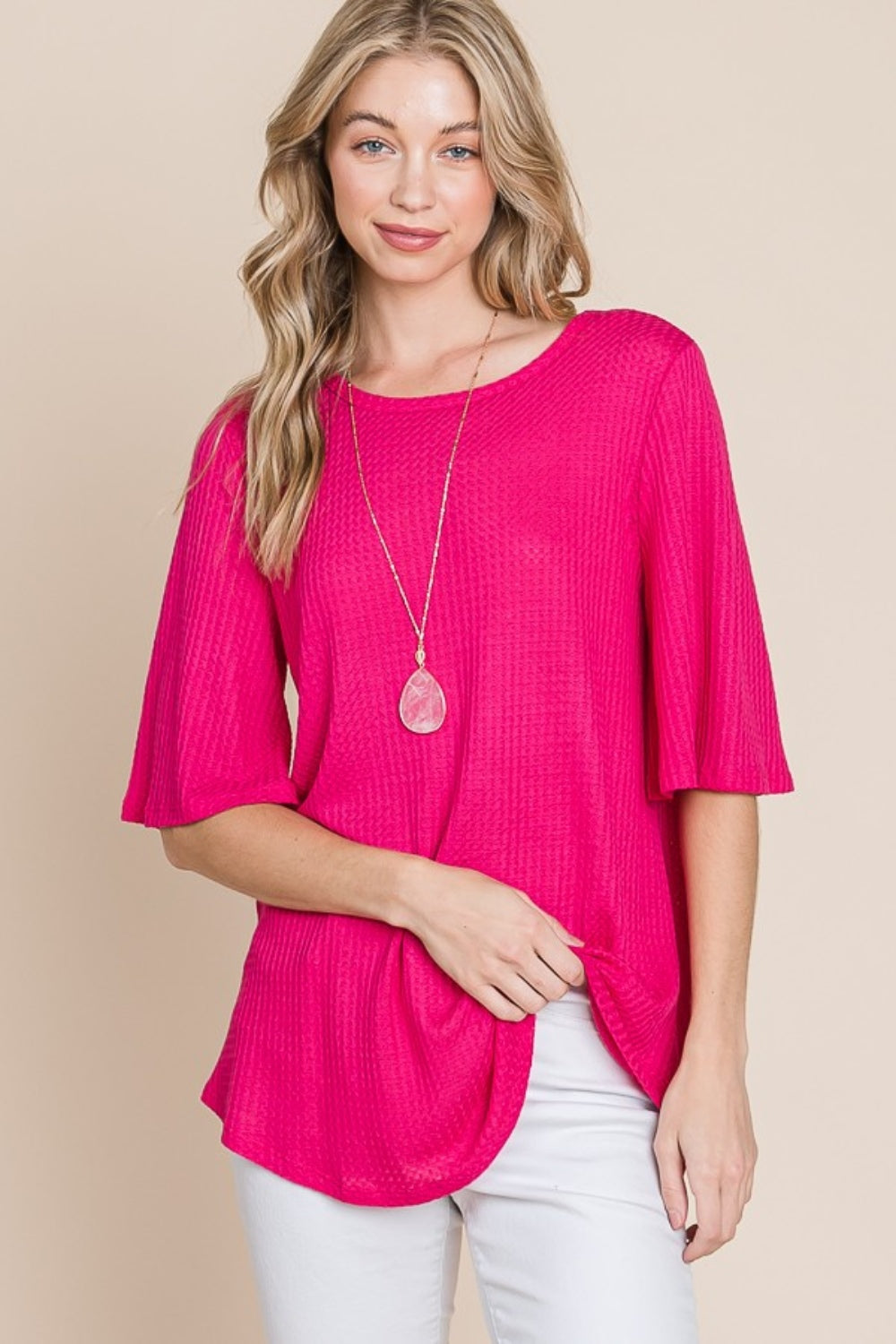BOMBOM Round Neck Waffle Knit T-Shirt - Charming Charlie