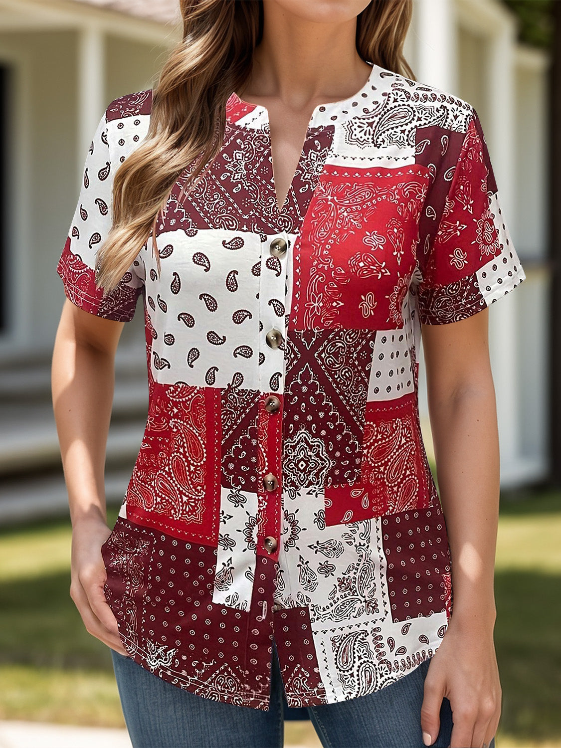 Printed Notched Short Sleeve Blouse - Charming Charlie