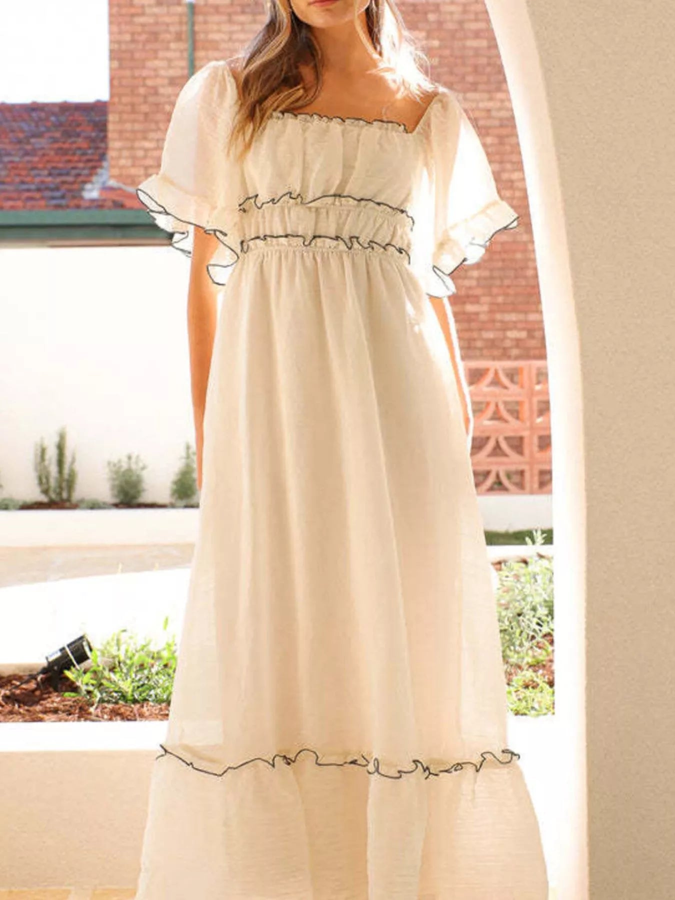 Ruffled Short Sleeve Tiered Maxi Dress Apricot / L