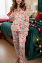 Printed Collared Neck Long Sleeve Top and Pants Lounge Set - Charming Charlie