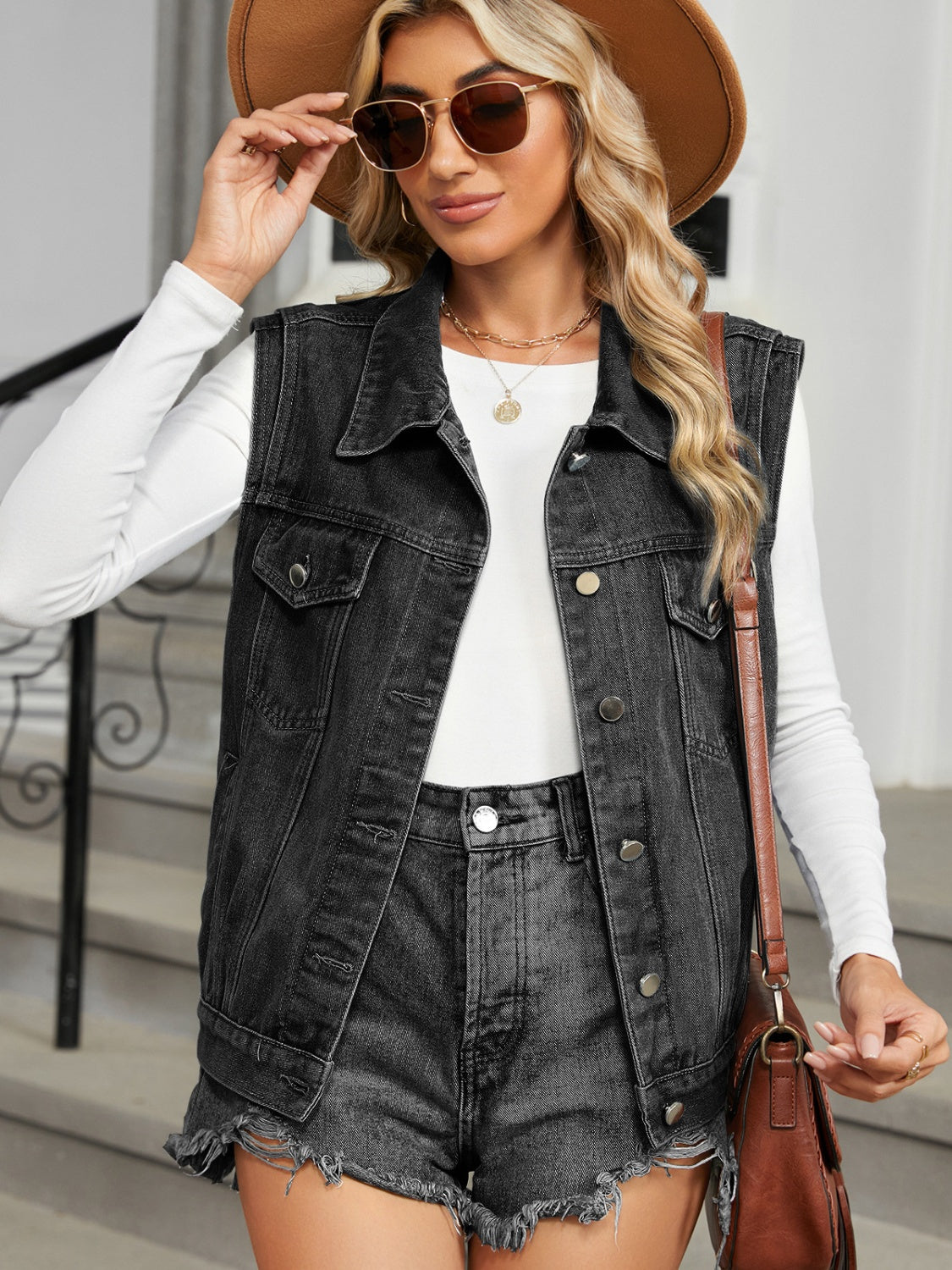 Pocketed Button Up Sleeveless Denim Jacket - Charming Charlie