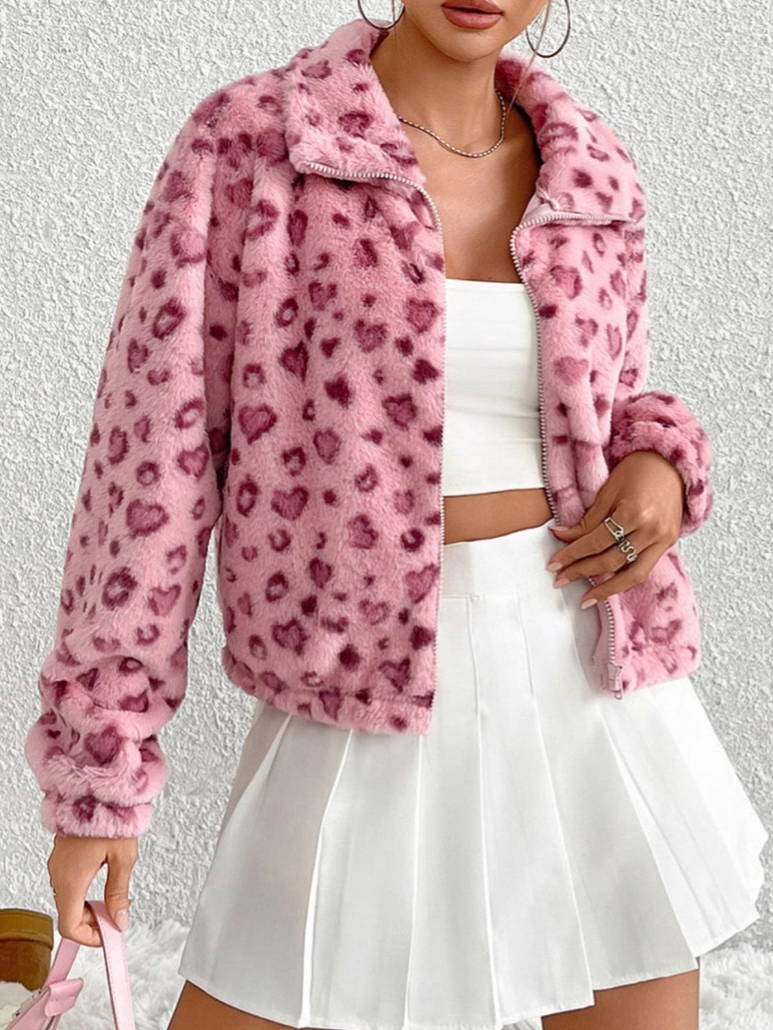 Heart Zip Up Drop Shoulder Furry Jacket main image 1