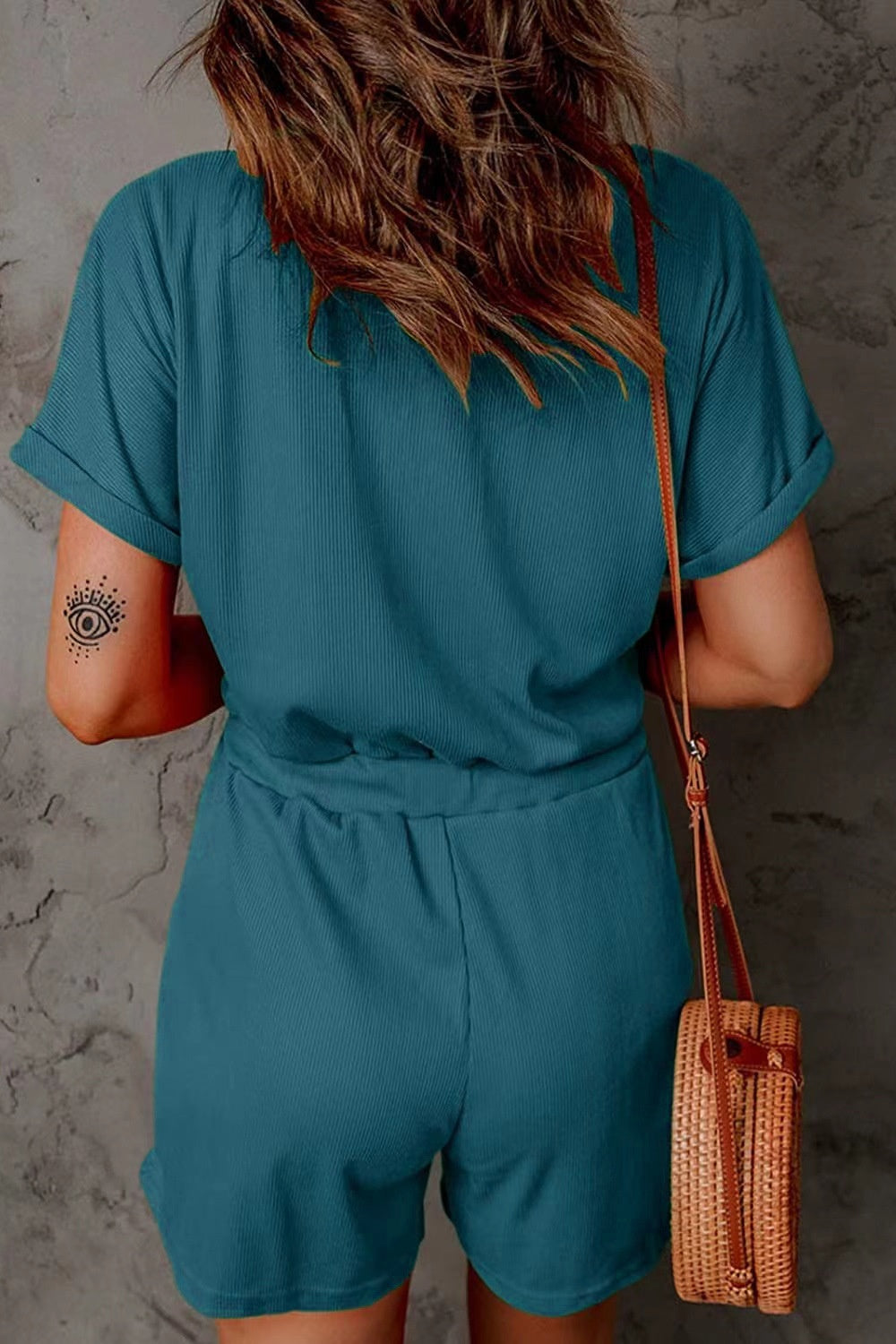 Full Size Drawstring V-Neck Short Sleeve Romper - Charming Charlie