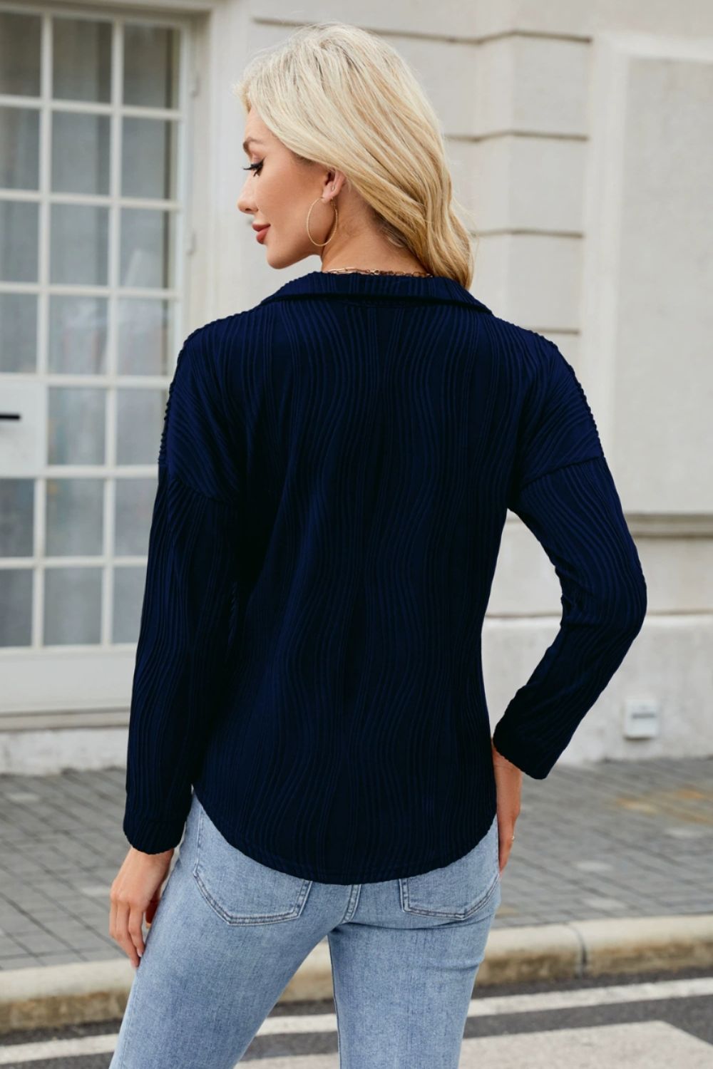 Texture Collared Neck Long Sleeve Blouse - Charming Charlie
