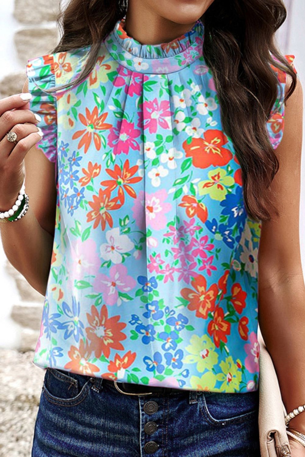 Ruffled Printed Mock Neck Cap Sleeve Blouse - Charming Charlie