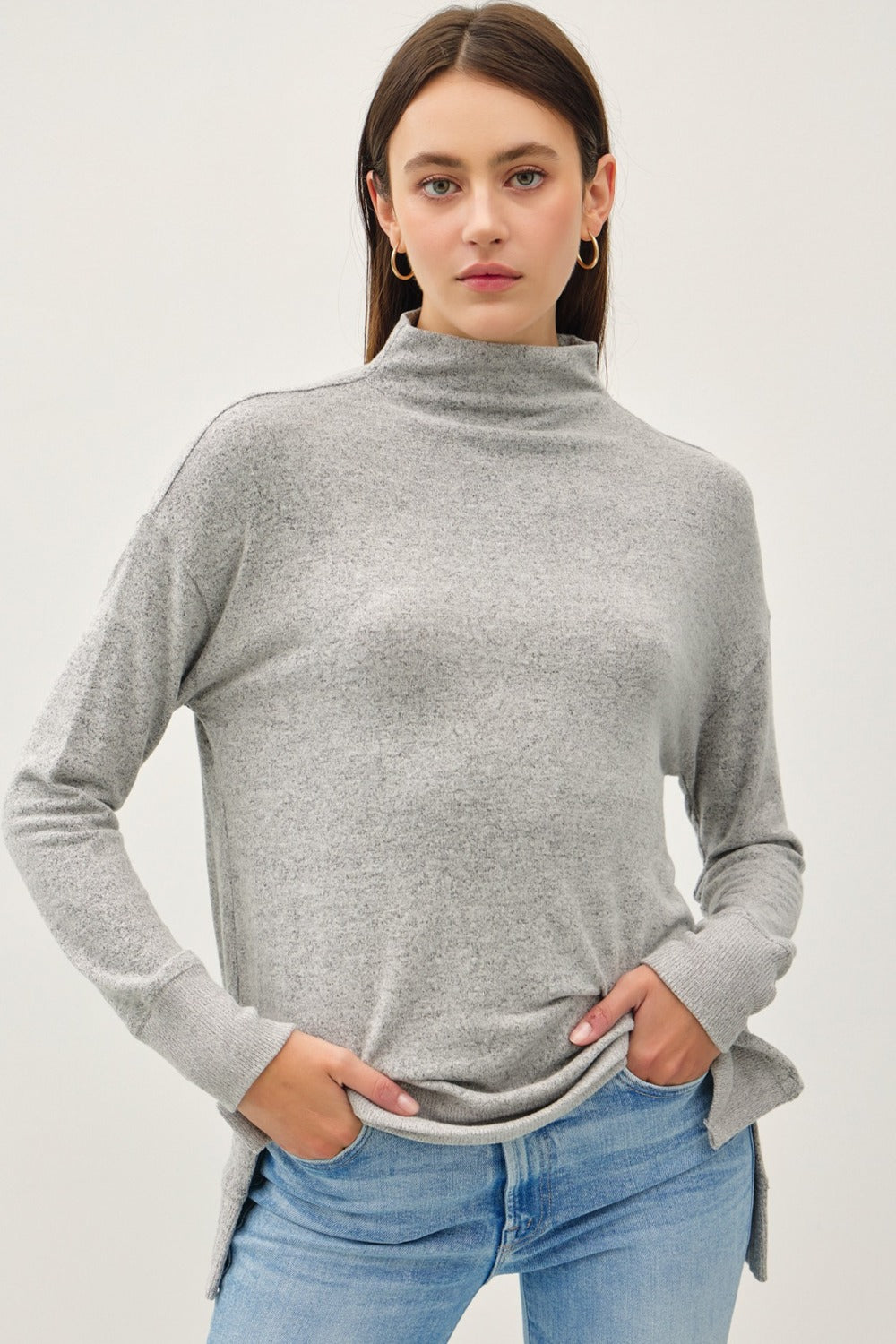 Be Cool Side Slit Mock Neck Long Sleeve Tunic Top - Charming Charlie