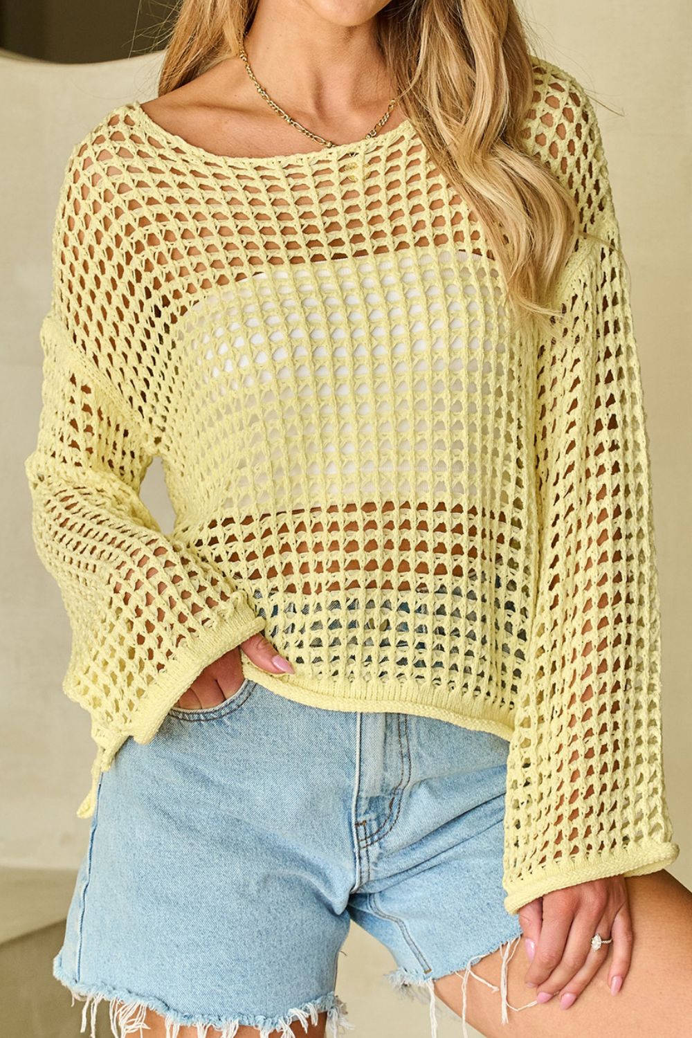 Drawstring Hem Round Neck Cropped Cover Up