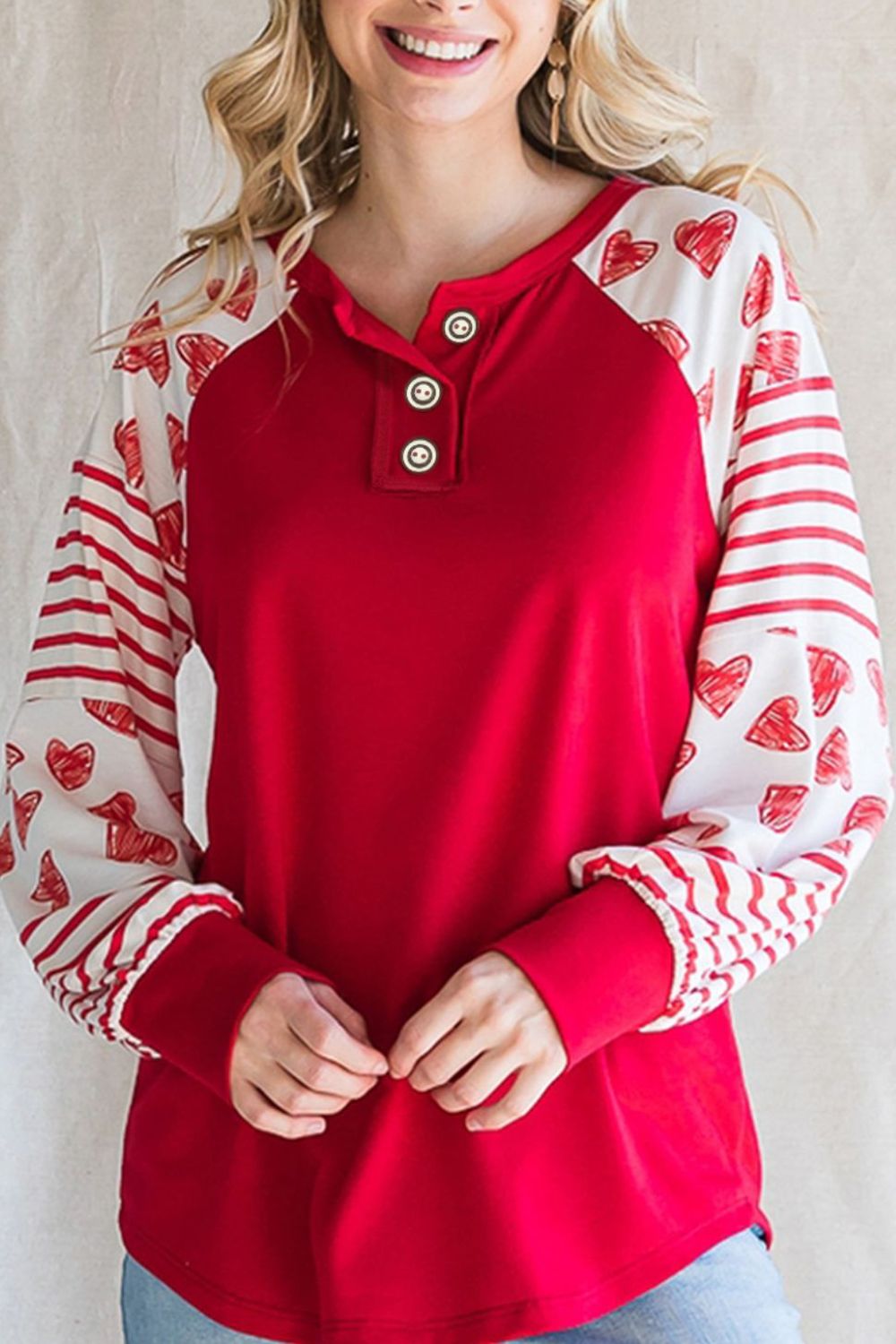 Heart Printed Round Neck Long Sleeve T-Shirt - Charming Charlie