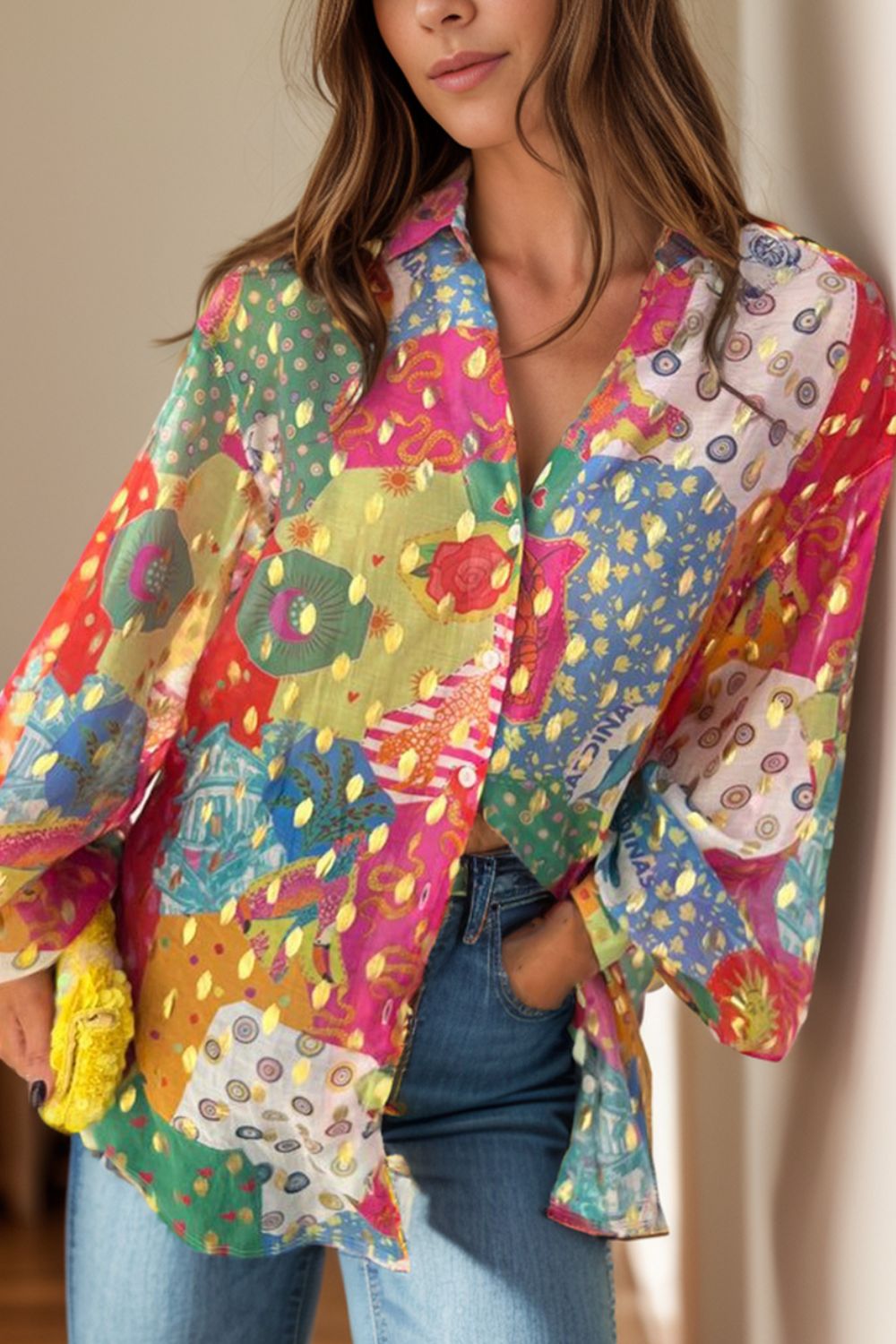 Printed Collared Neck Long Sleeve Shirt - Charming Charlie