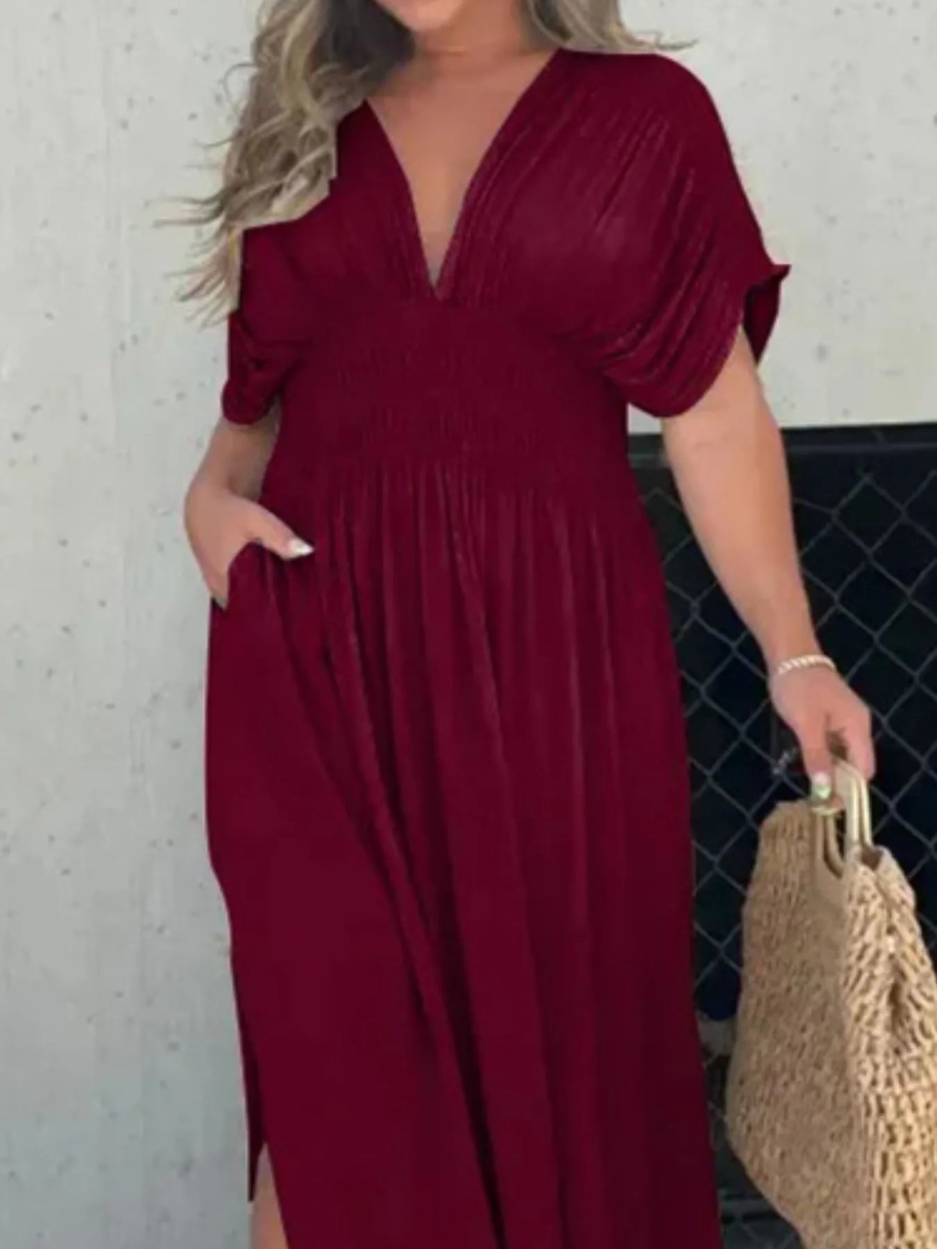 Charming V-neck Cap Sleeves Open Back Maxi Dresses with Slit Dusty Sage