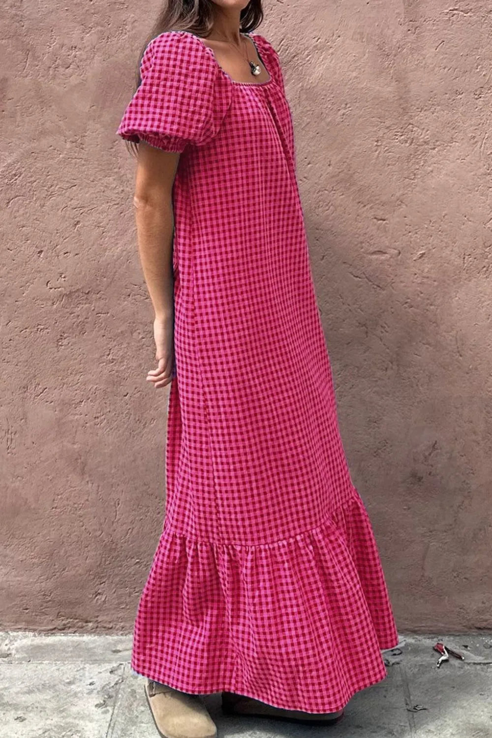 SYNZ Gingham Check Bubble Sleeve Ruffled Maxi Dress – Charming Charlie