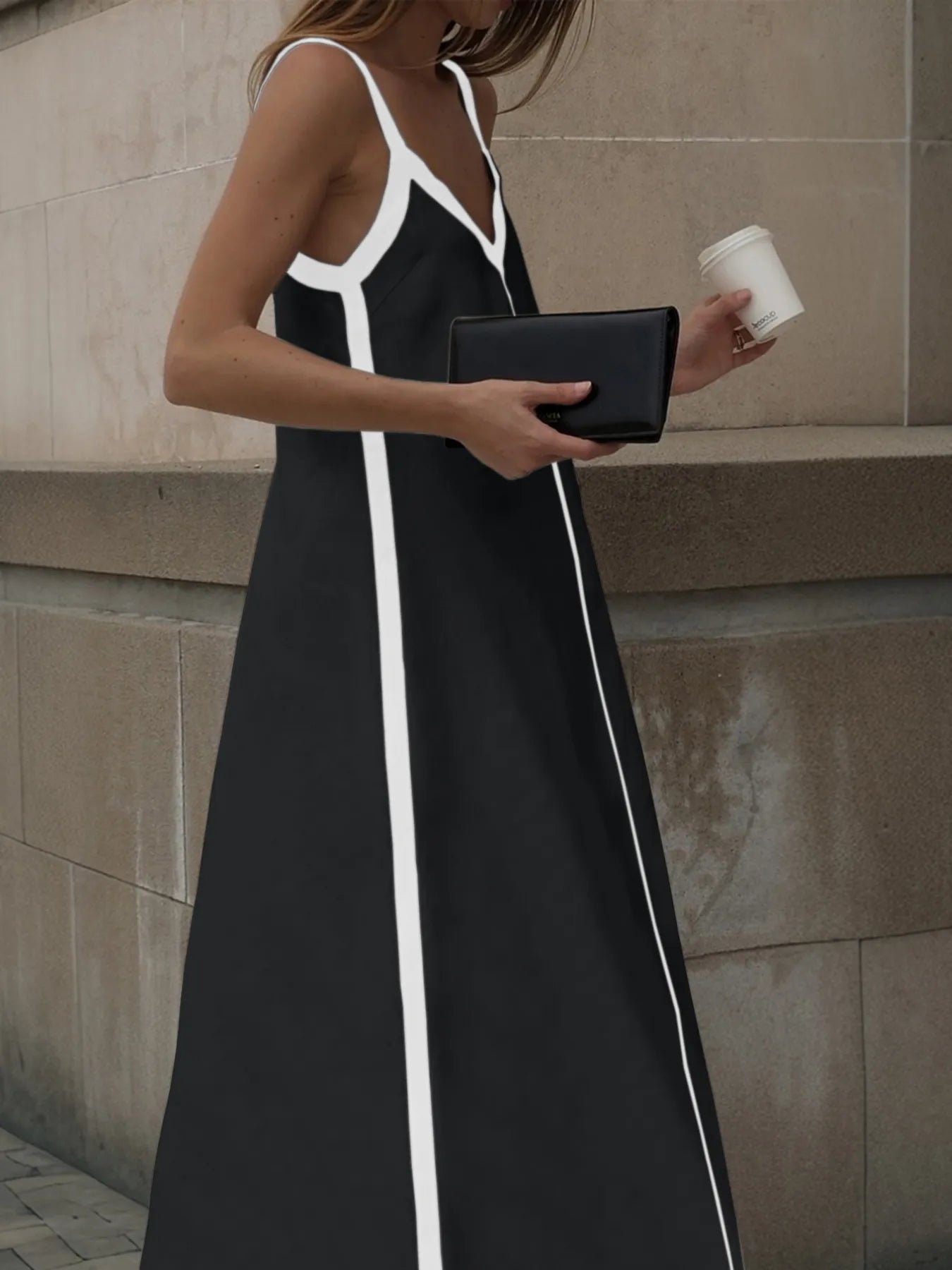 black maxi dress with white trim Contrast Trim V-Neck Maxi Dress Tan / L