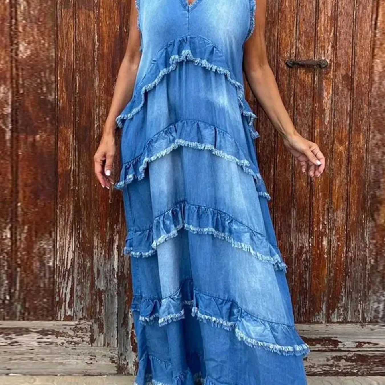 denim high low dress Raw Hem Layered Denim Maxi Dress – Charming Charlie