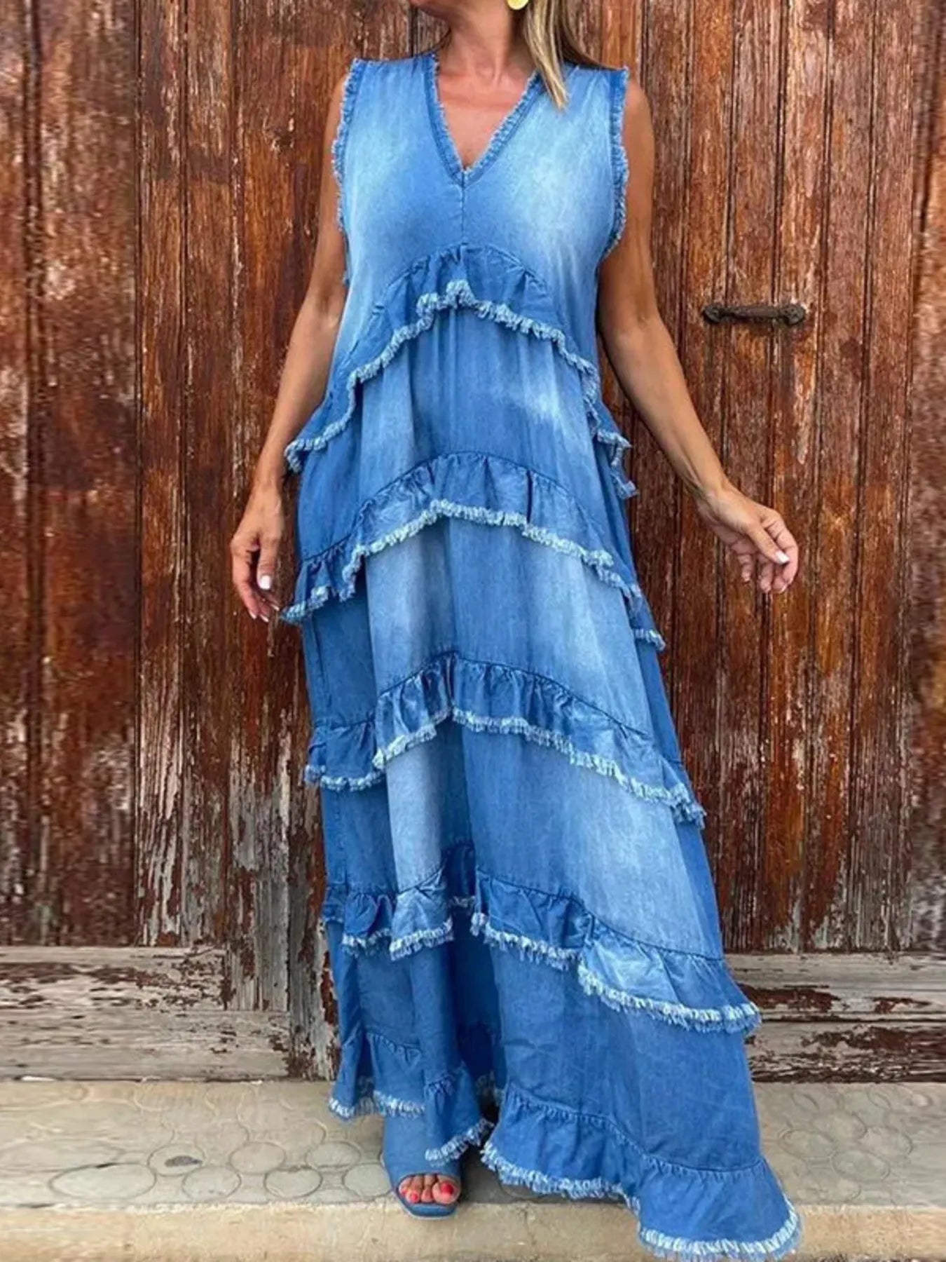 Raw Hem Layered Denim Maxi Dress – Charming Charlie