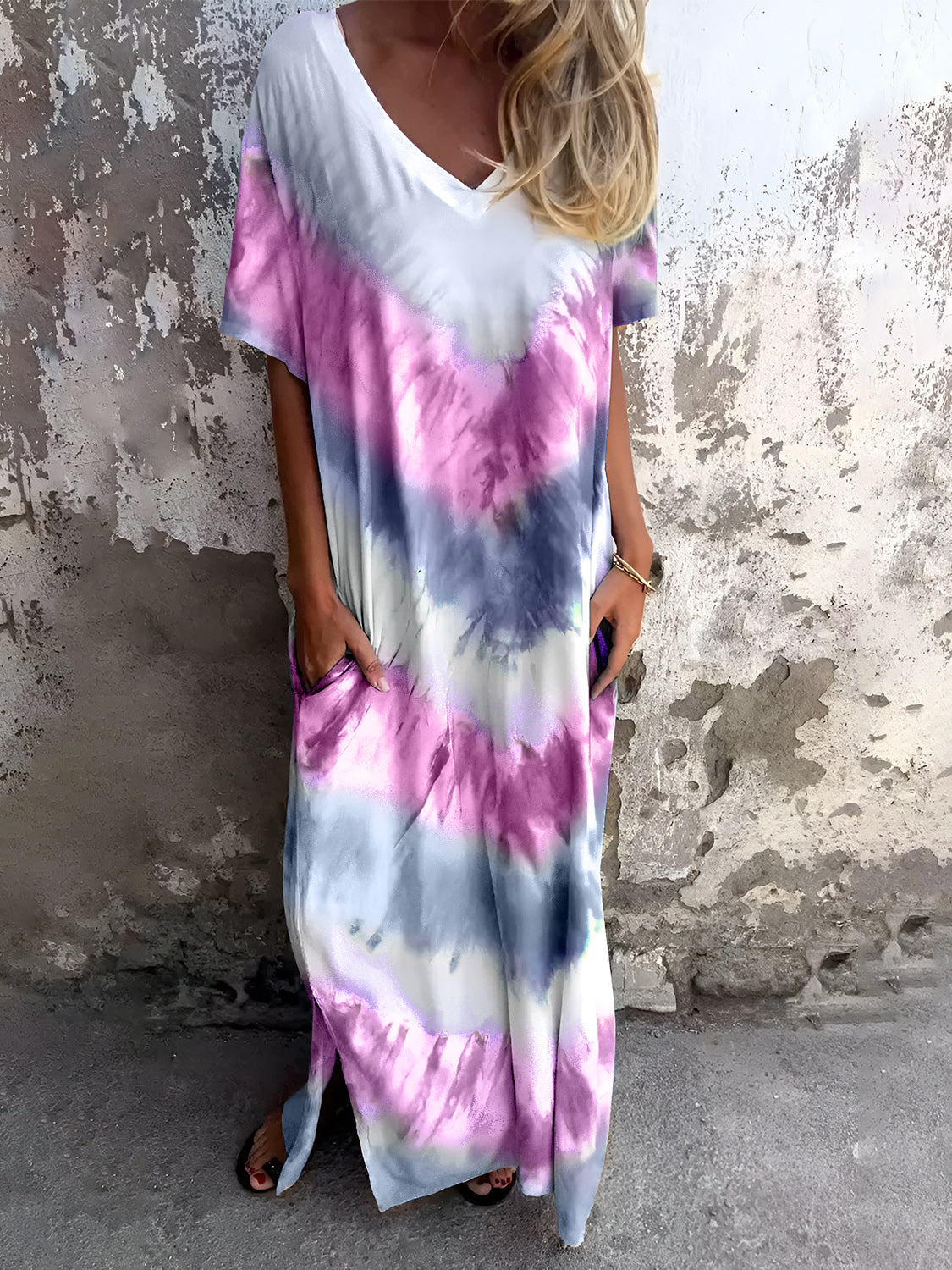 Sample Full Size Pocketed Tie-Dye Short Sleeve Dress Sample Full Size Pocketed Tie-Dye Short Sleeve Dress
