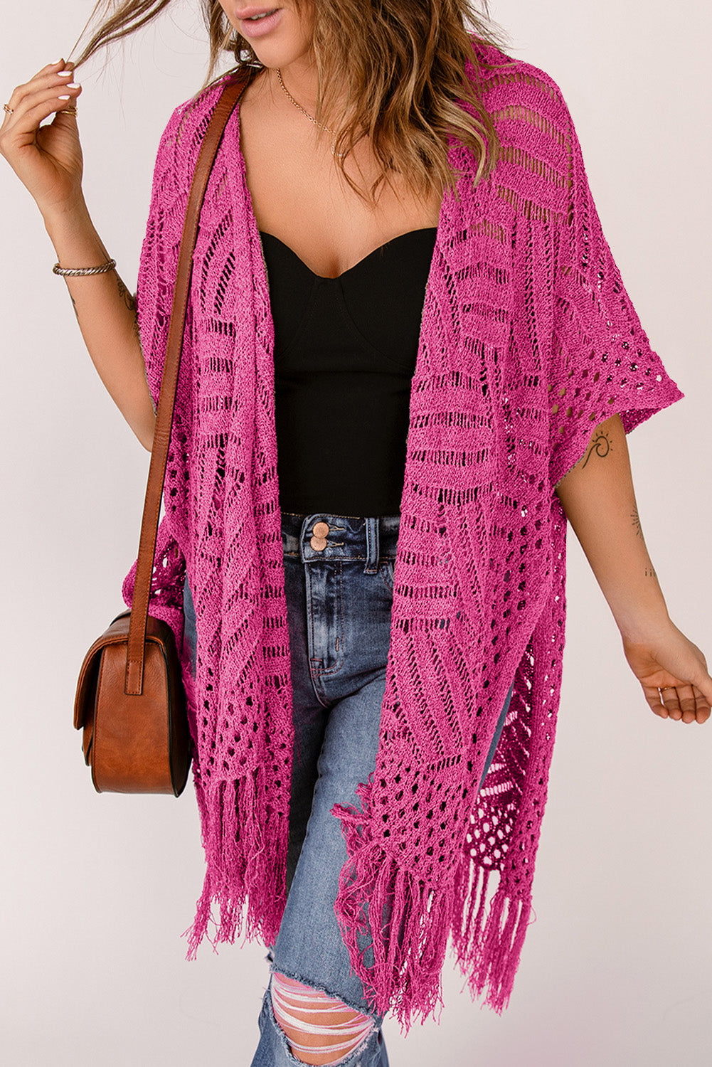 Openwork Open Front Cardigan with Fringes - Charming Charlie