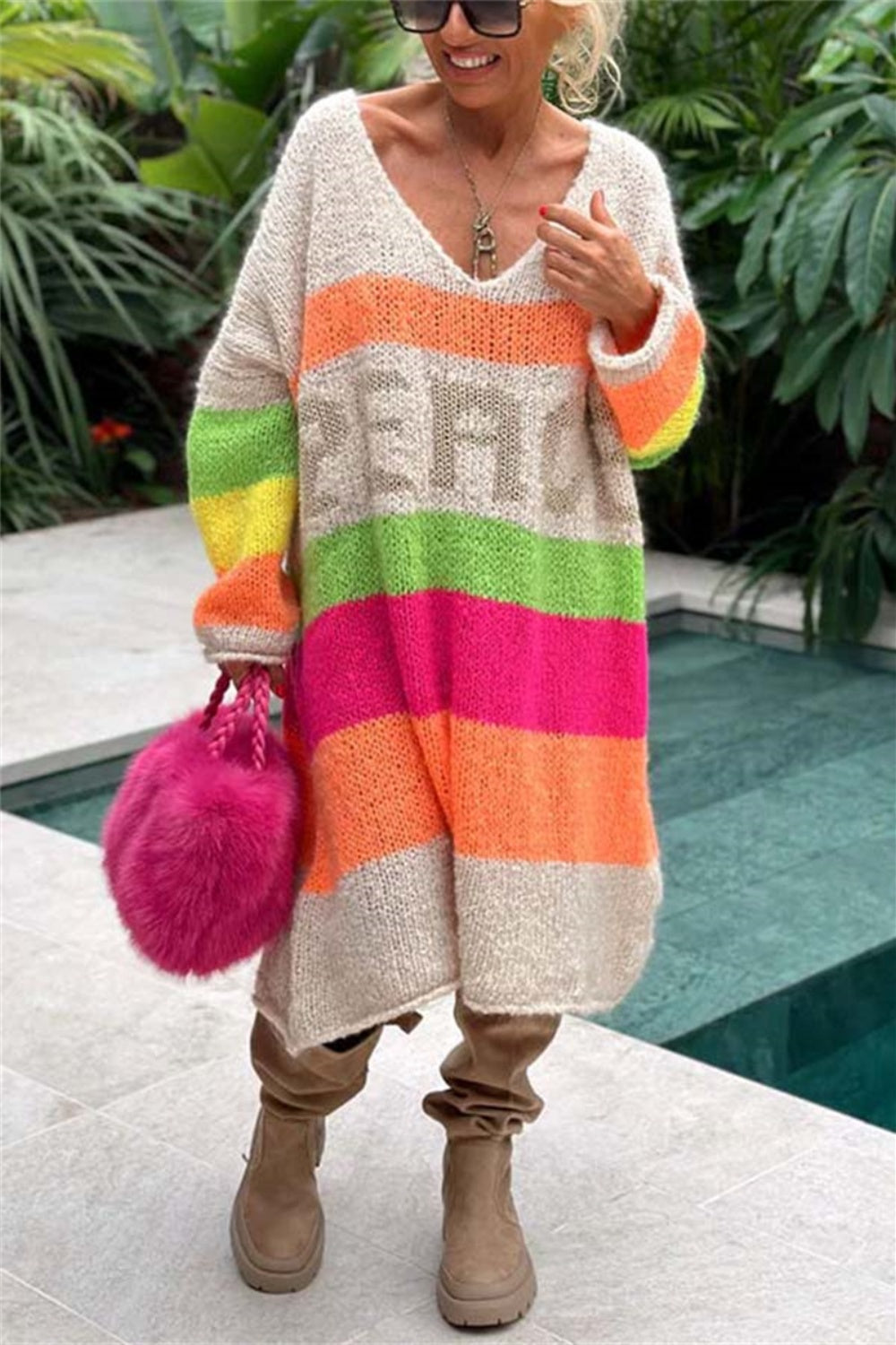 Color Block V-Neck Long Sleeve Sweater Dress - Charming Charlie