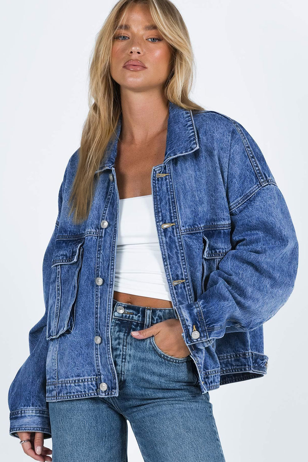 Pocketed V-Neck Button Up Denim Jacket main image 0