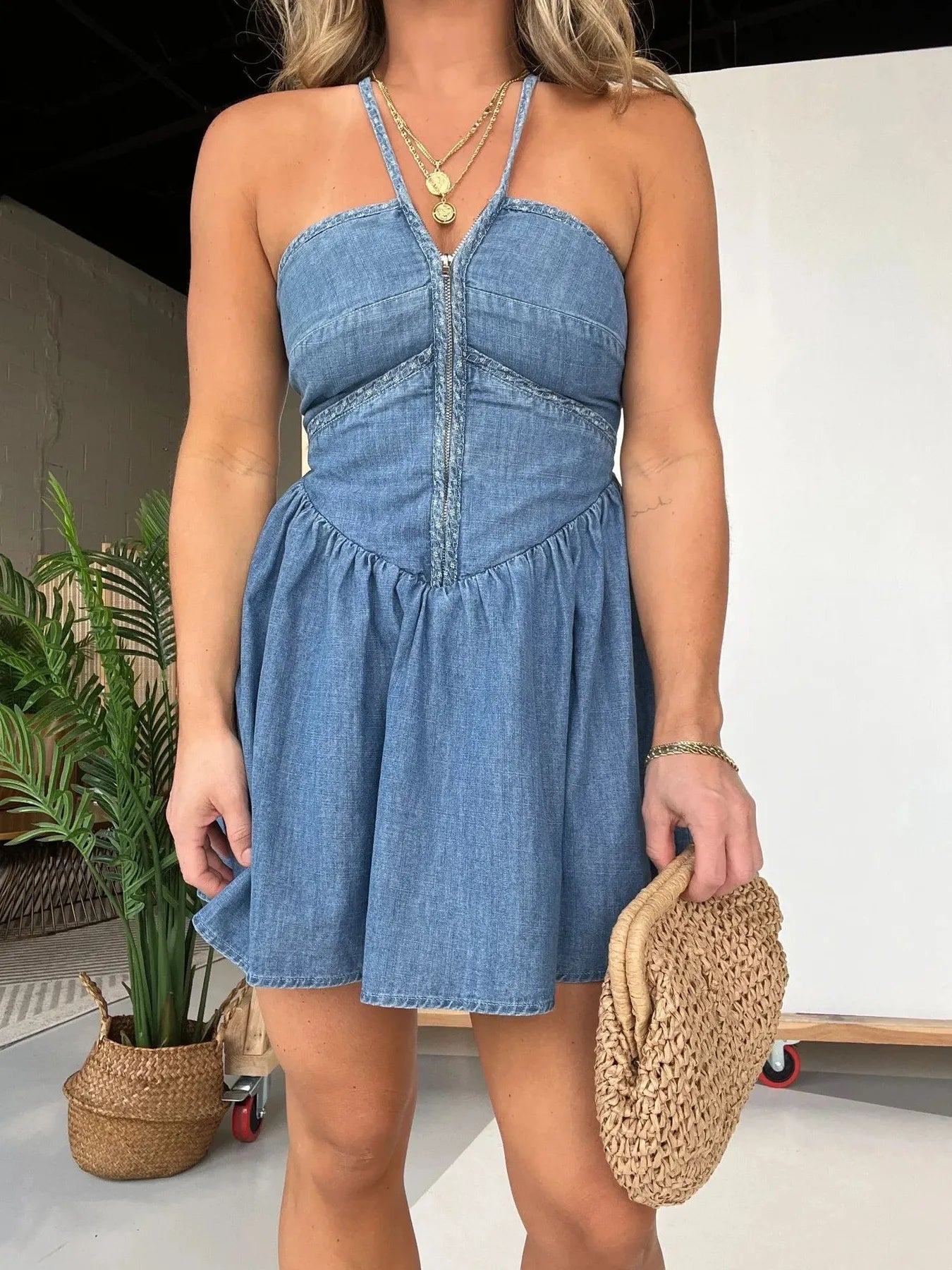 Full Size Lace Up Halter Neck Denim Dress Plus Size Rose Red / M Full Size Lace Up Halter Neck Denim Dress Plus Size Rose Red / M