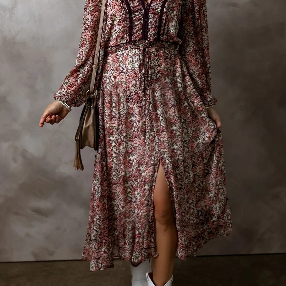 Frill Printed V-Neck Long Sleeve Midi Dress – Charming Charlie