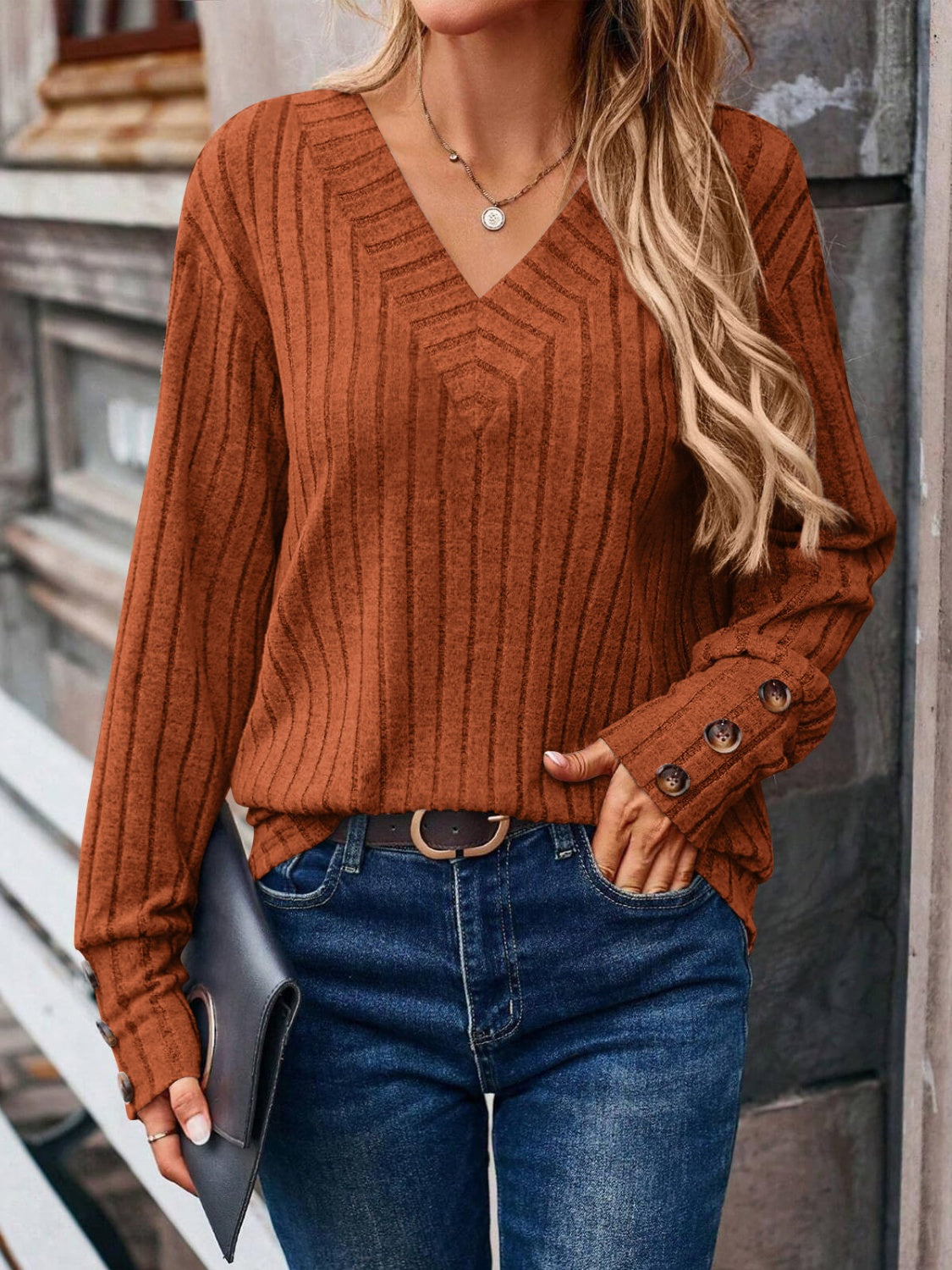 Decorative Button V-Neck Long Sleeve T-Shirt - Charming Charlie