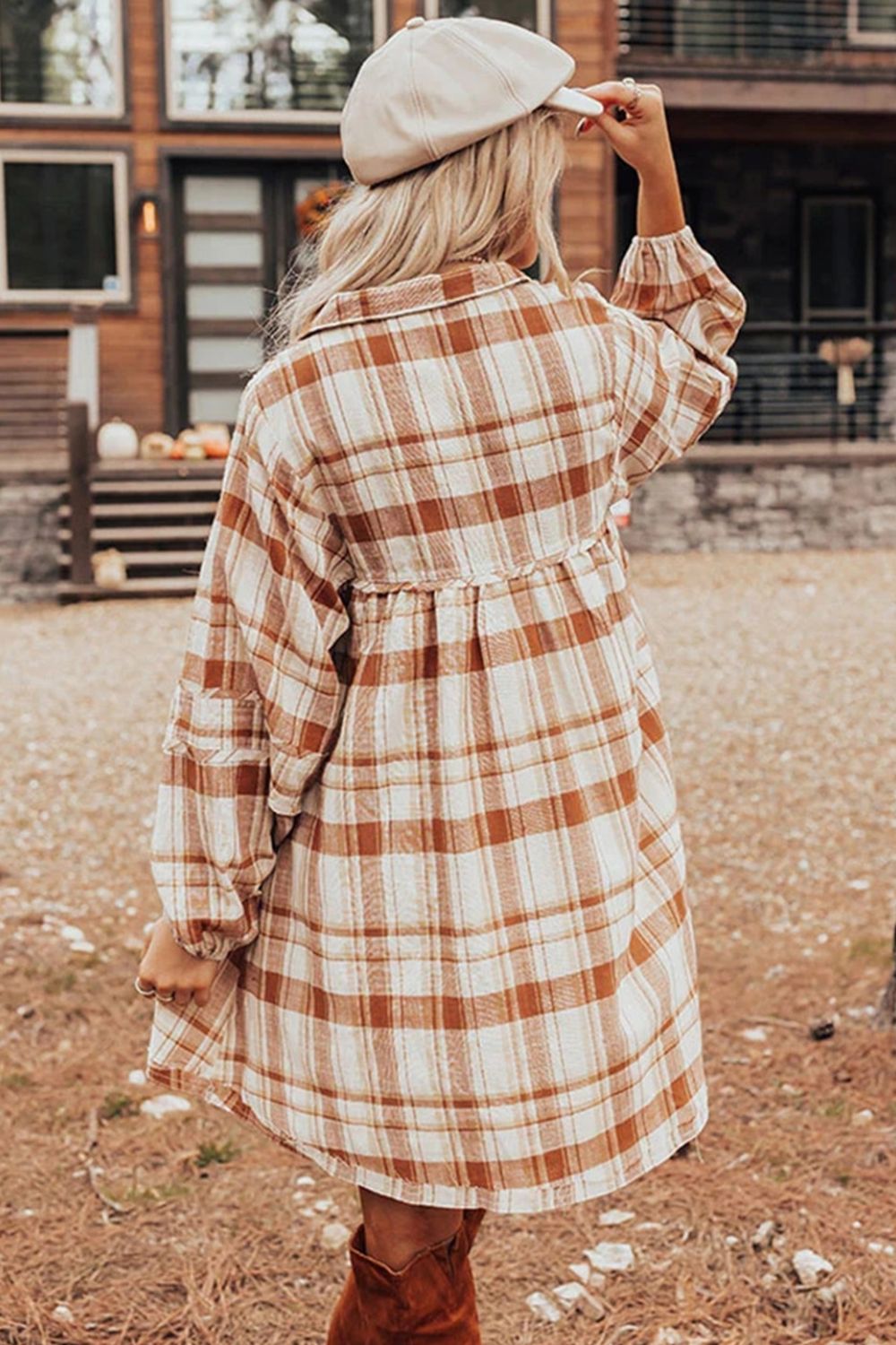 Plaid Collared Neck Long Sleeve Mini Shirt Dress - Camel / S Plaid Collared Neck Long Sleeve Mini Shirt Dress - Camel / S