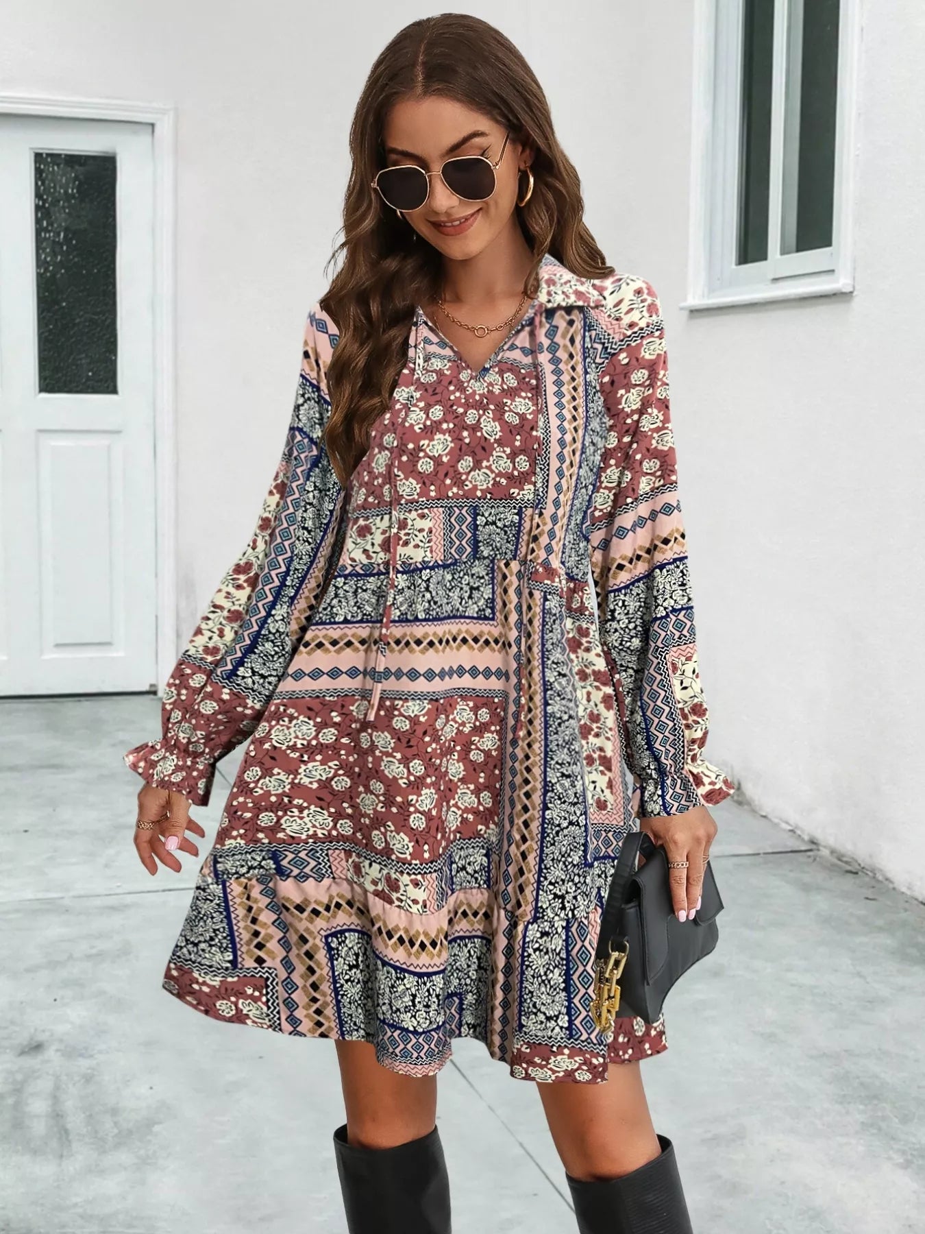 boho long sleeve mini dress Boho Floral Print Long Sleeve Mini Dress Navy / L