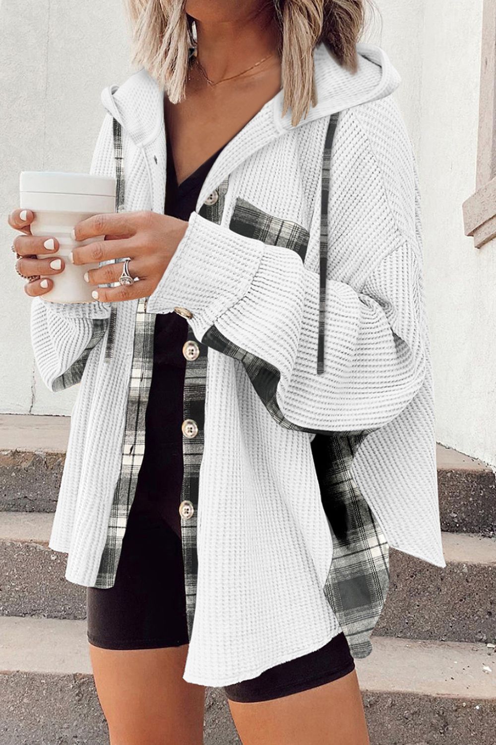 Waffle Knit Plaid Patchwork Drawstring Hooded Shacket - Charming Charlie