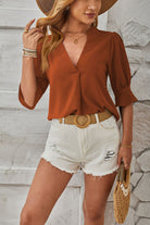 Notched Half Sleeve Blouse - Charming Charlie