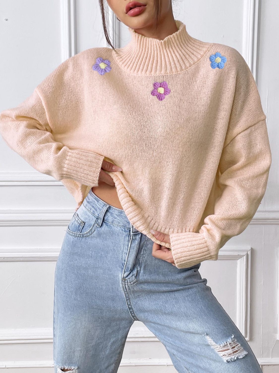 Flower Turtleneck Long Sleeve Sweater – Charming Charlie