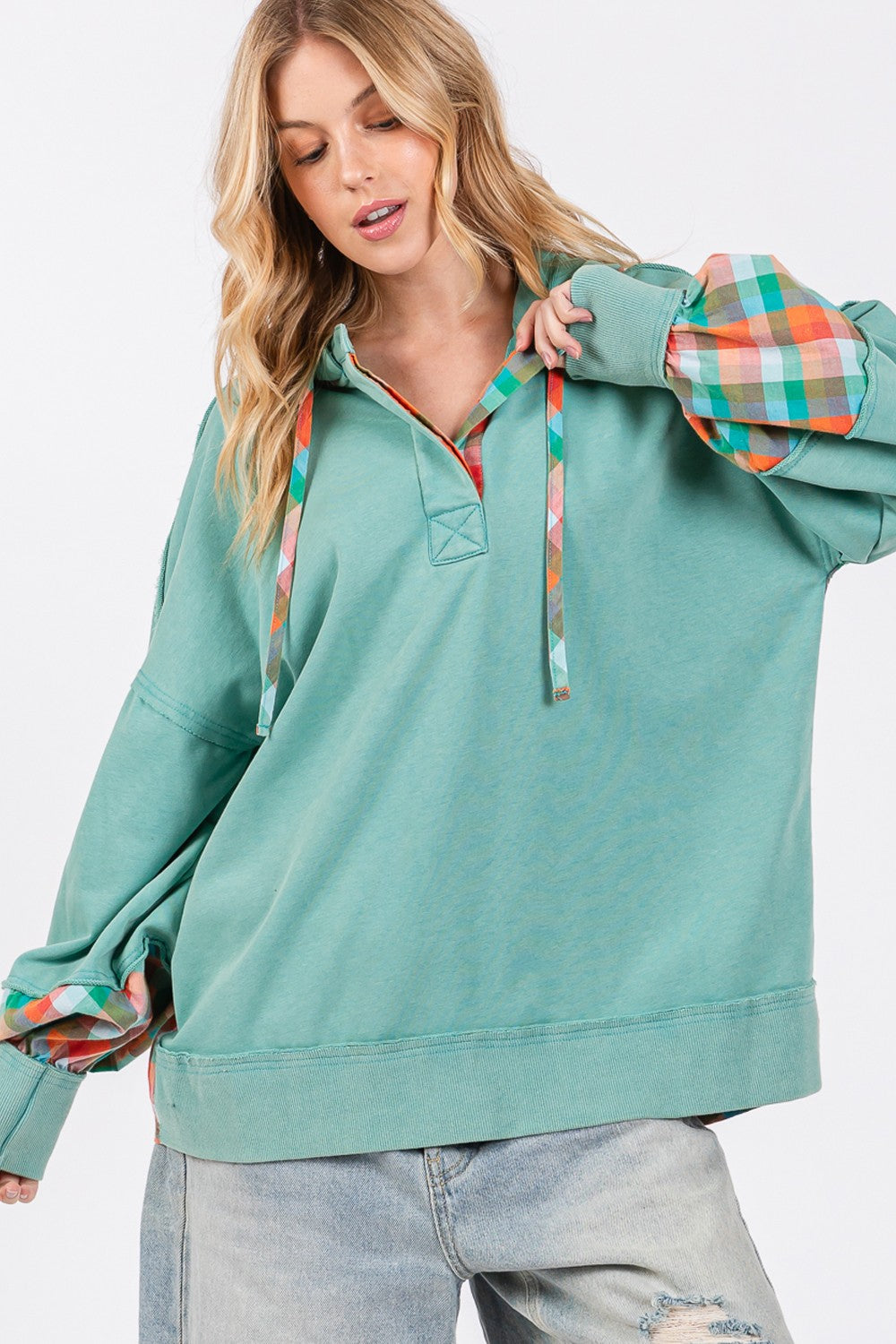 SAGE + FIG Full Size Plaid Print Washed Hoodie - Charming Charlie