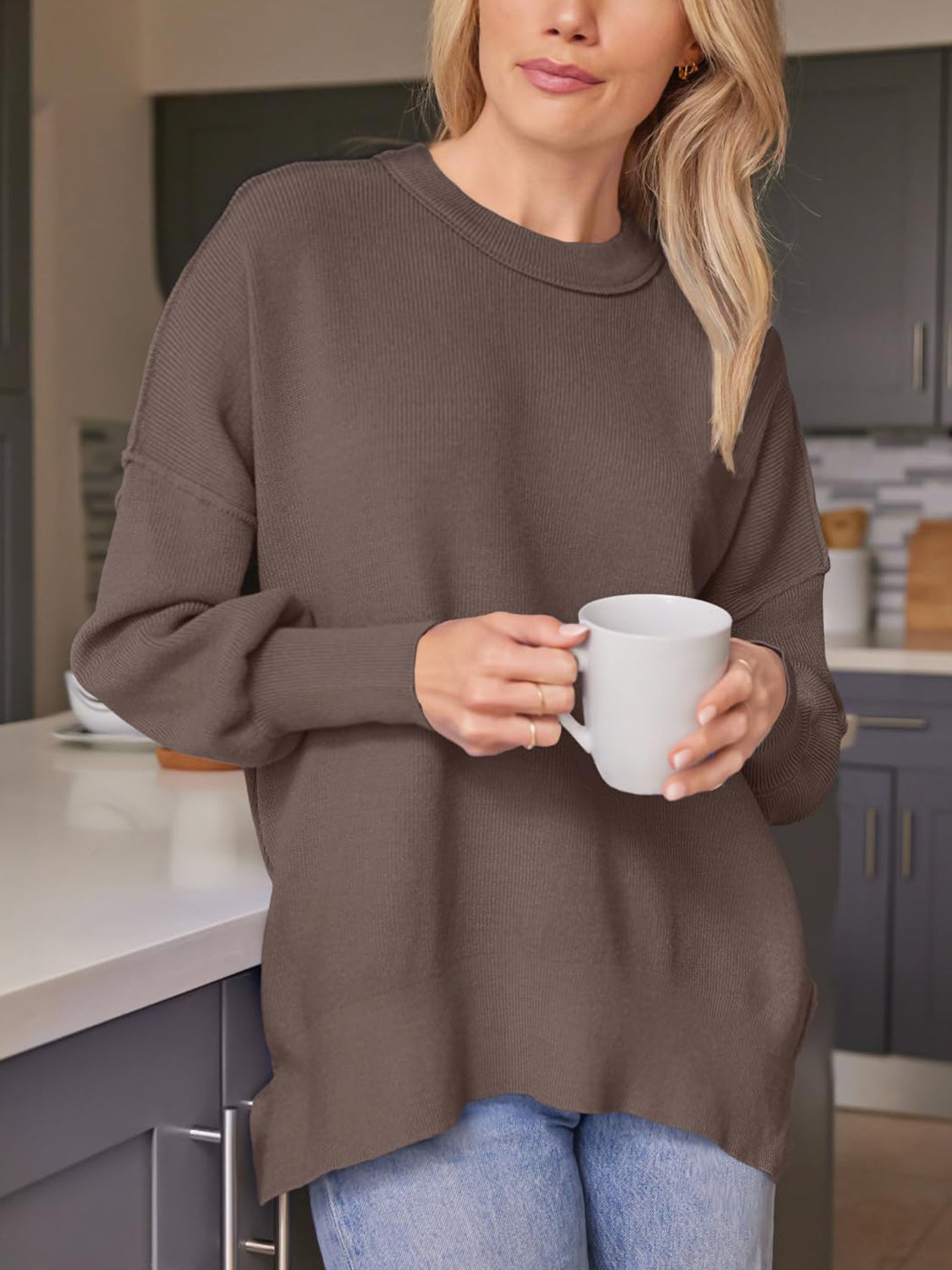 Slit Round Neck Dropped Shoulder Sweater - Charming Charlie