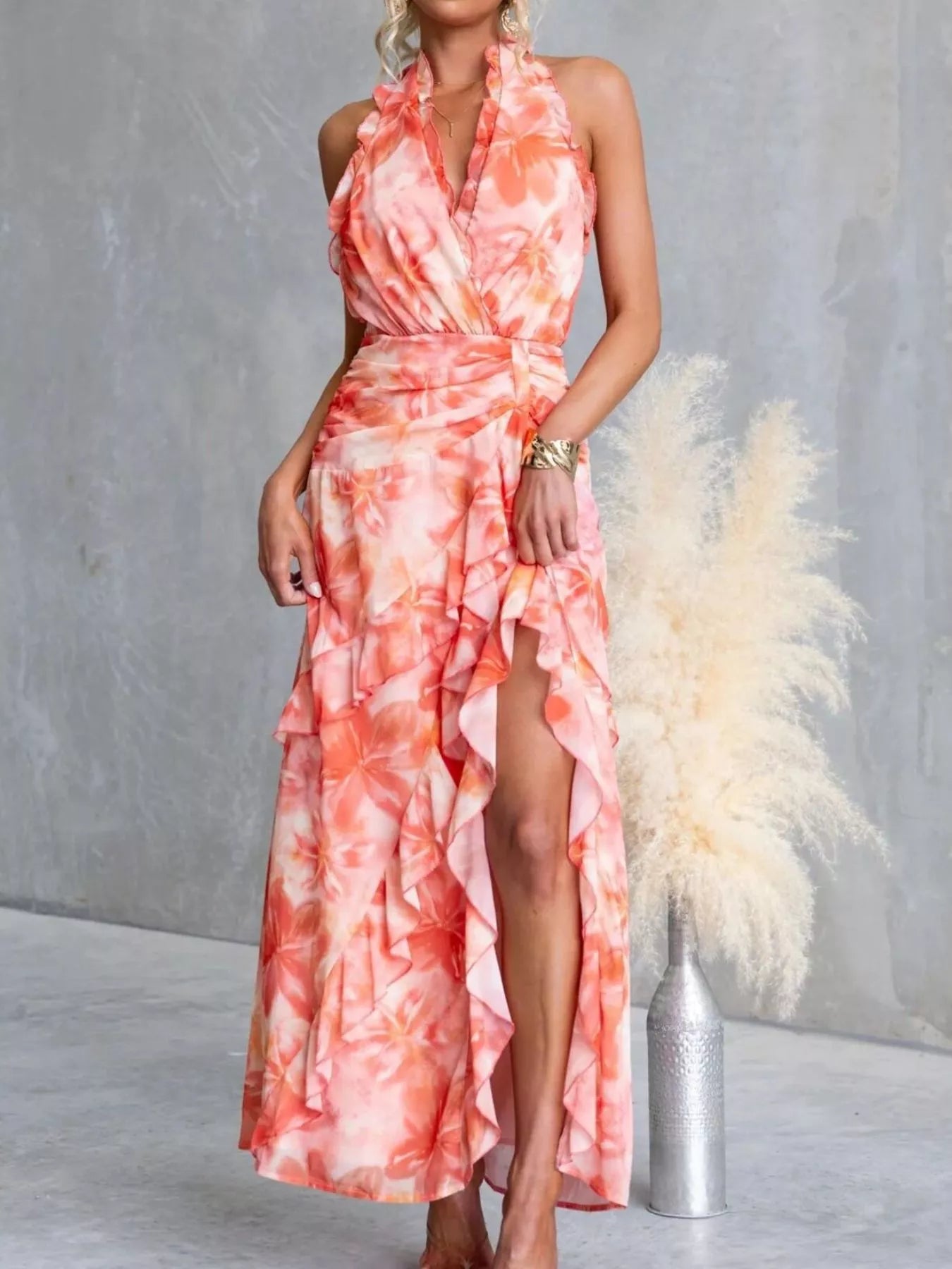 Floral Print Ruffle Halter Neck Maxi Dress Orange-red / XL Floral Print Ruffle Halter Neck Maxi Dress Orange-red / XL